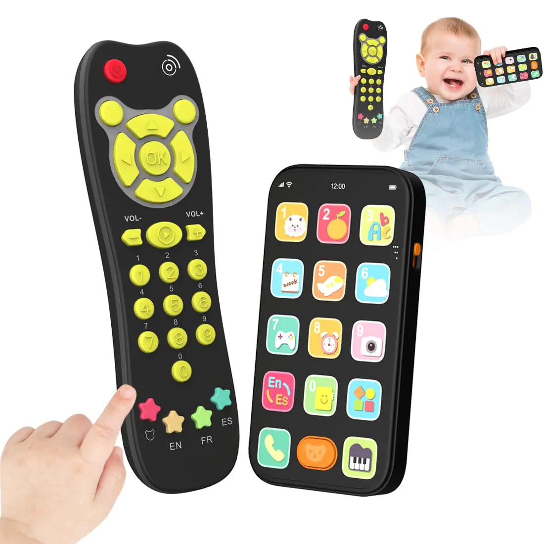Toy Phone Baby Remote Control Toy Set Play Phones TV Remote Control with Music Light for 6+ Months Early Learning Baby Toys Gift for 1 Year Old Boys Girls Kids Toddler Infant English/Spanish Black