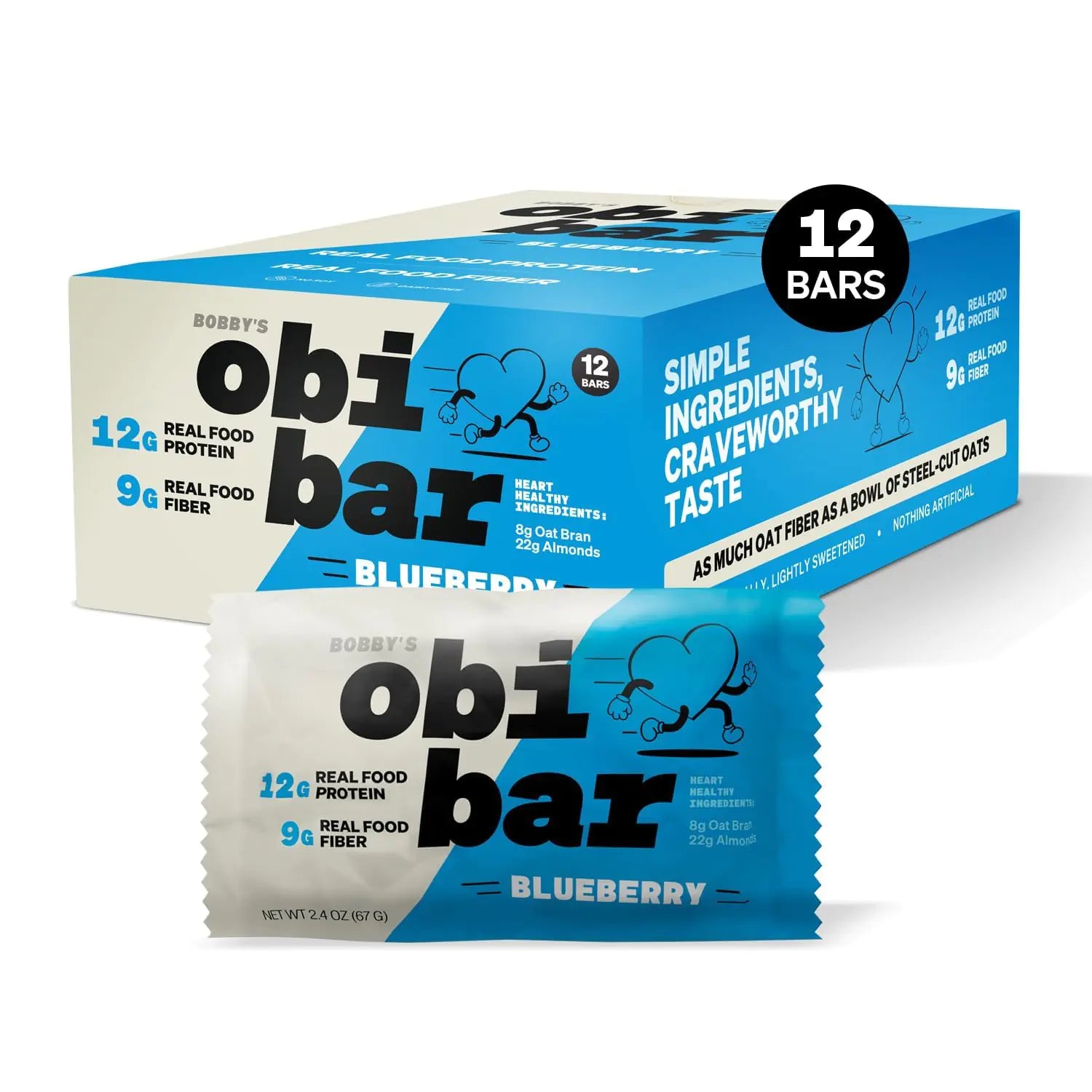 Obi Bar Blueberry - Protein and Oat Fiber Bar | All Natural | Meal Bar | Heart and Gut Health | Lightly Sweet | Natural Blueberries | Almond Chunks | 2.4oz 12 pack | Soy Free Dairy Free | Breakfast Bar