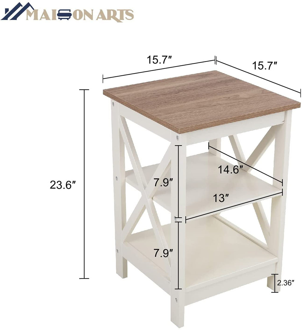 Rustic Ivory End Table Set Of 2 With Shelves 23.6 Inch