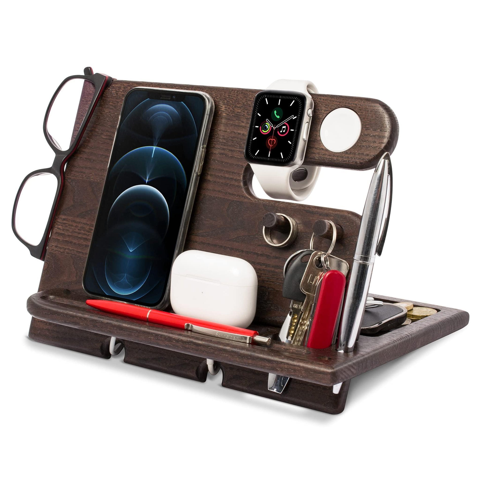 Wood Phone Docking Station Ash Key Holder Wallet Stand Watch Organizer