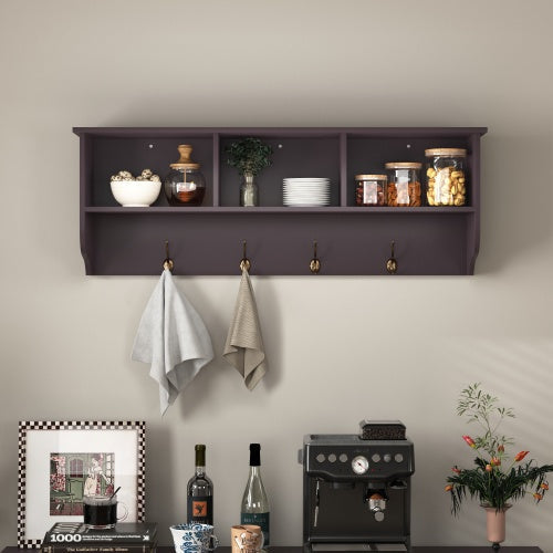 Espresso Entryway Wall Mounted Coat Rack With 4 Dual Hooks Living Room Wooden Storage Shelf