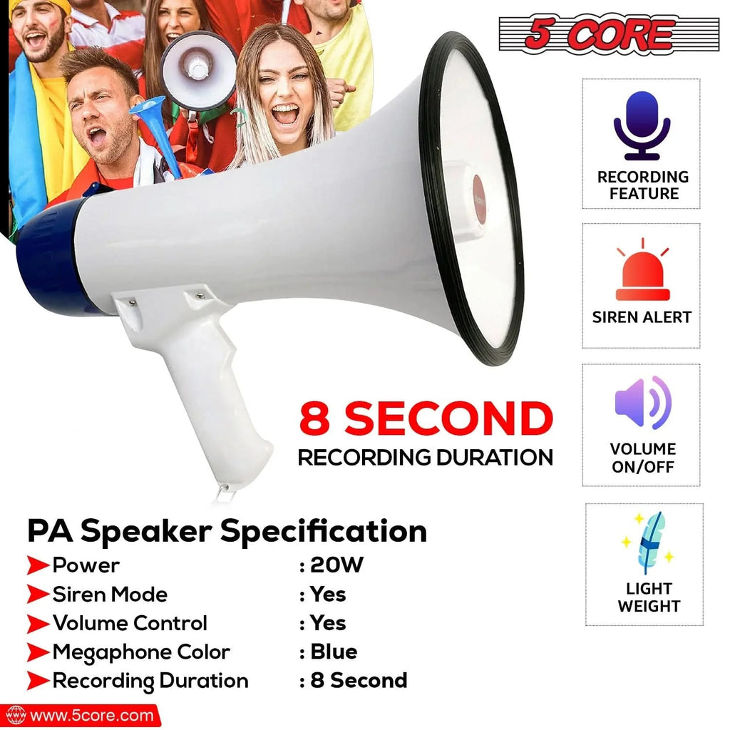 5Core Megaphone Bullhorn Speaker 20W Bull Horn Battery Power Cheer