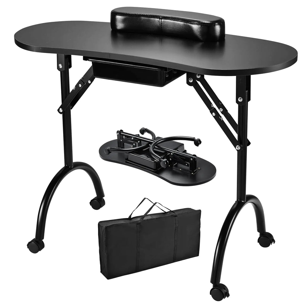 Faquenc Portable Nail Table Manicure Desk Foldable Nails Tech Station Professional Nail Desk with Drawer & Wrist Rest Wheeled Manicurist Workstation for Home Spa Beauty Salon Black