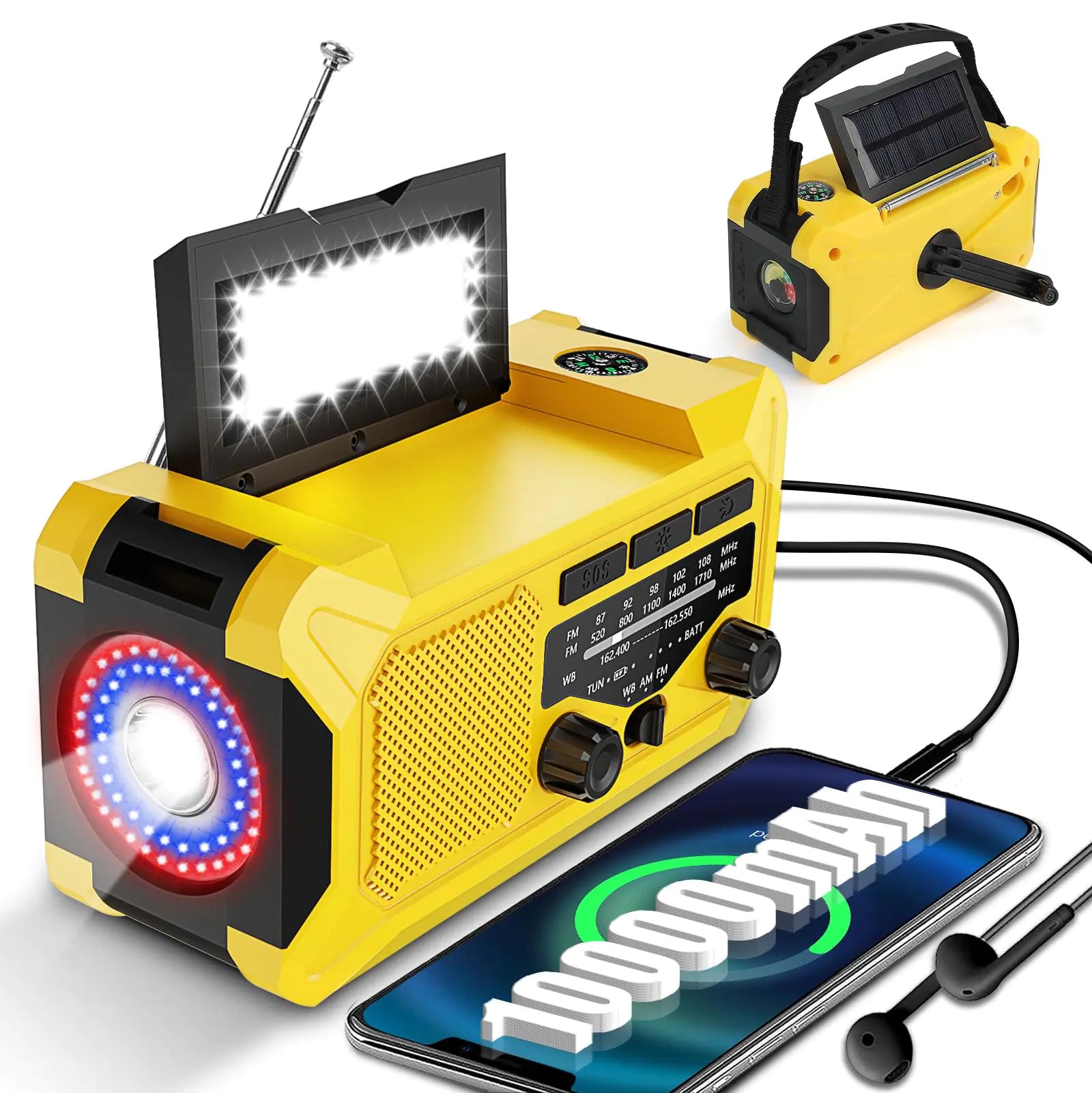 Upgrade Solar Hand Crank Radio with 10000mAh Battery AM/FM/NOAA Emergency Weather Radio with Reading Lamp Flashlight Torch Light SOS Alarm Compass Thermometer & Headphone Jack for Home Outdoor