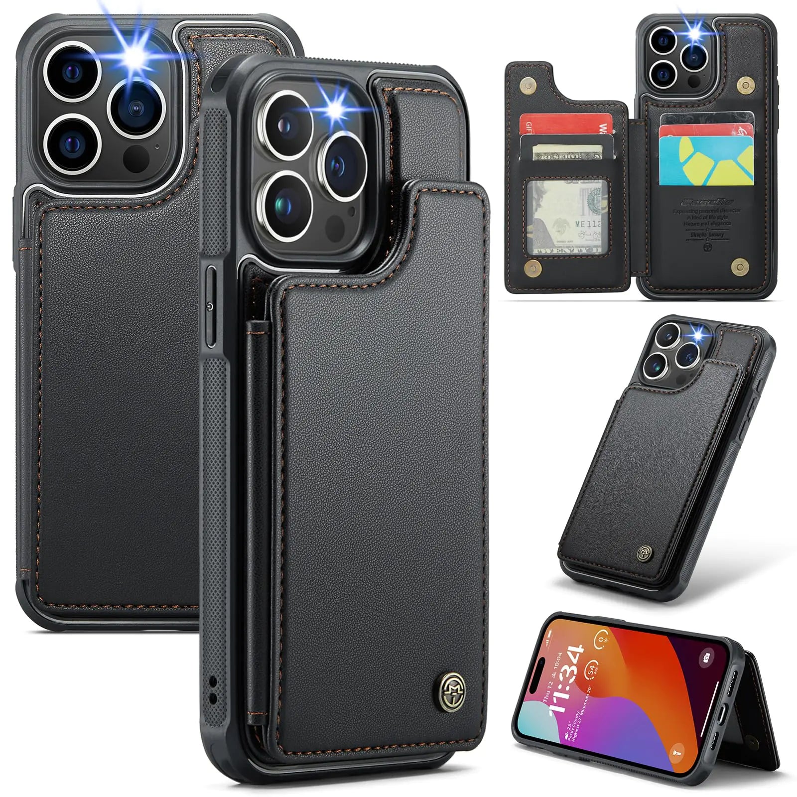 XIMAND for iPhone 16 Pro Case with RFID Blocking and 4 Credit Card Holder Premium Durable Slim Leather Magnetic Clasp Kickstand Heavy Duty Shockproof Protective Cover.- Black