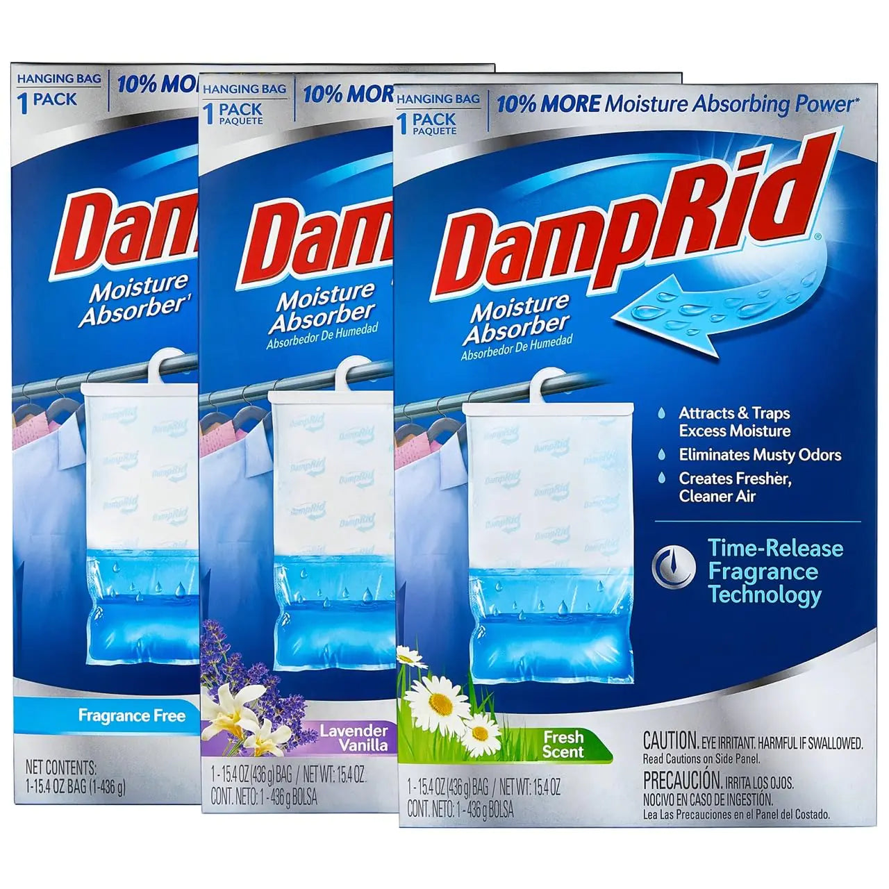 Damp Rid Variety Moisture Absorber 15.4oz 1 Powder Fresh 1 Lavender Vanilla & 1 Fragrance Free - Eliminates Odors for Fresher Cleaner Air 10% More Moisture Absorbing Power. Ilios Packaging.
