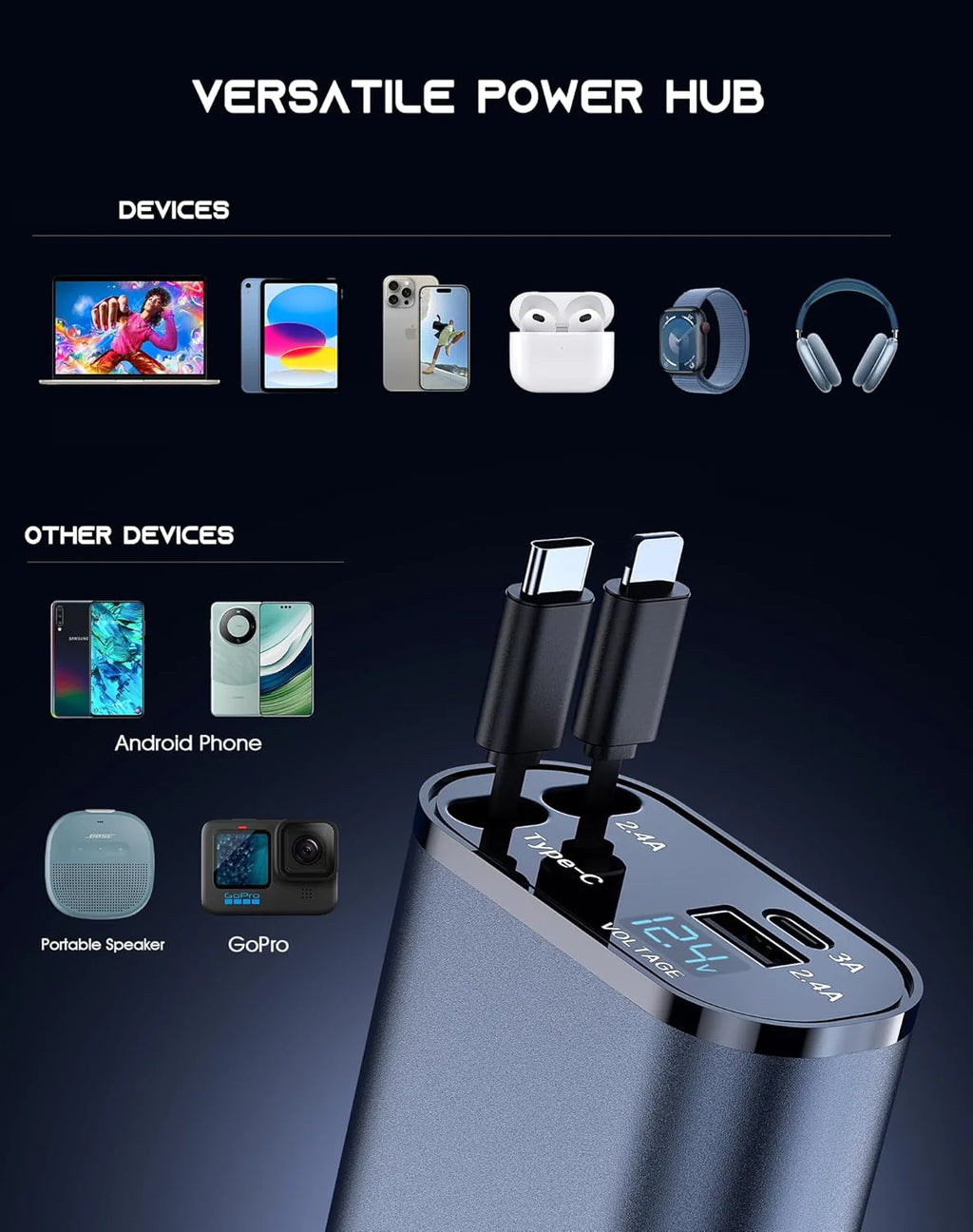 Retractable Car Charger 4 in 1 Fast Car Phone Charger 120W With USB Type C Cable