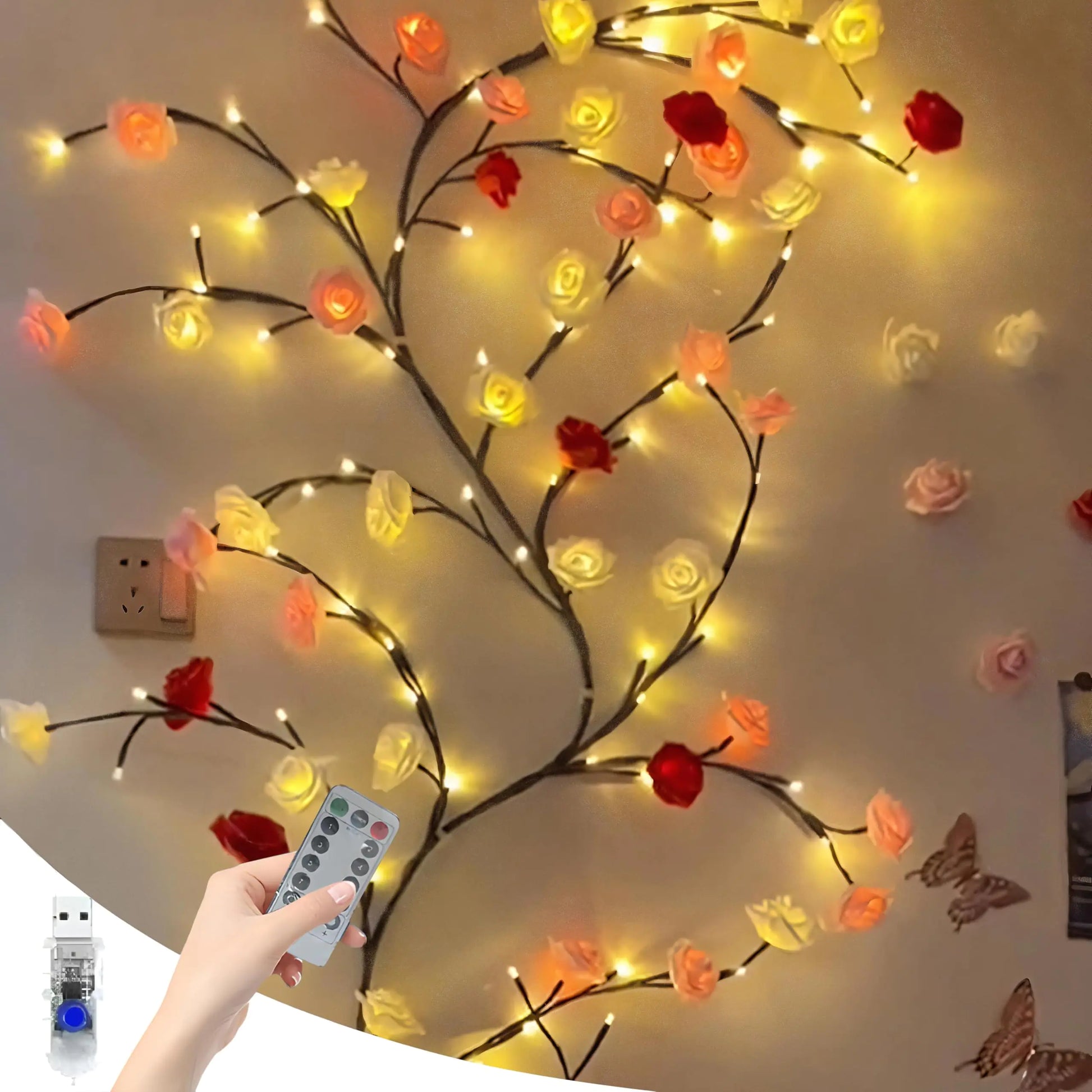 LED Tree Branch Lights for Wall Rose Lights Vine Lights with Remote and 8 Lighting Modes Rose Garland Willow Vine for Bedroom Indoor Wall Wedding Valentines Day Decor (Rose 2.3M 144LEDs)