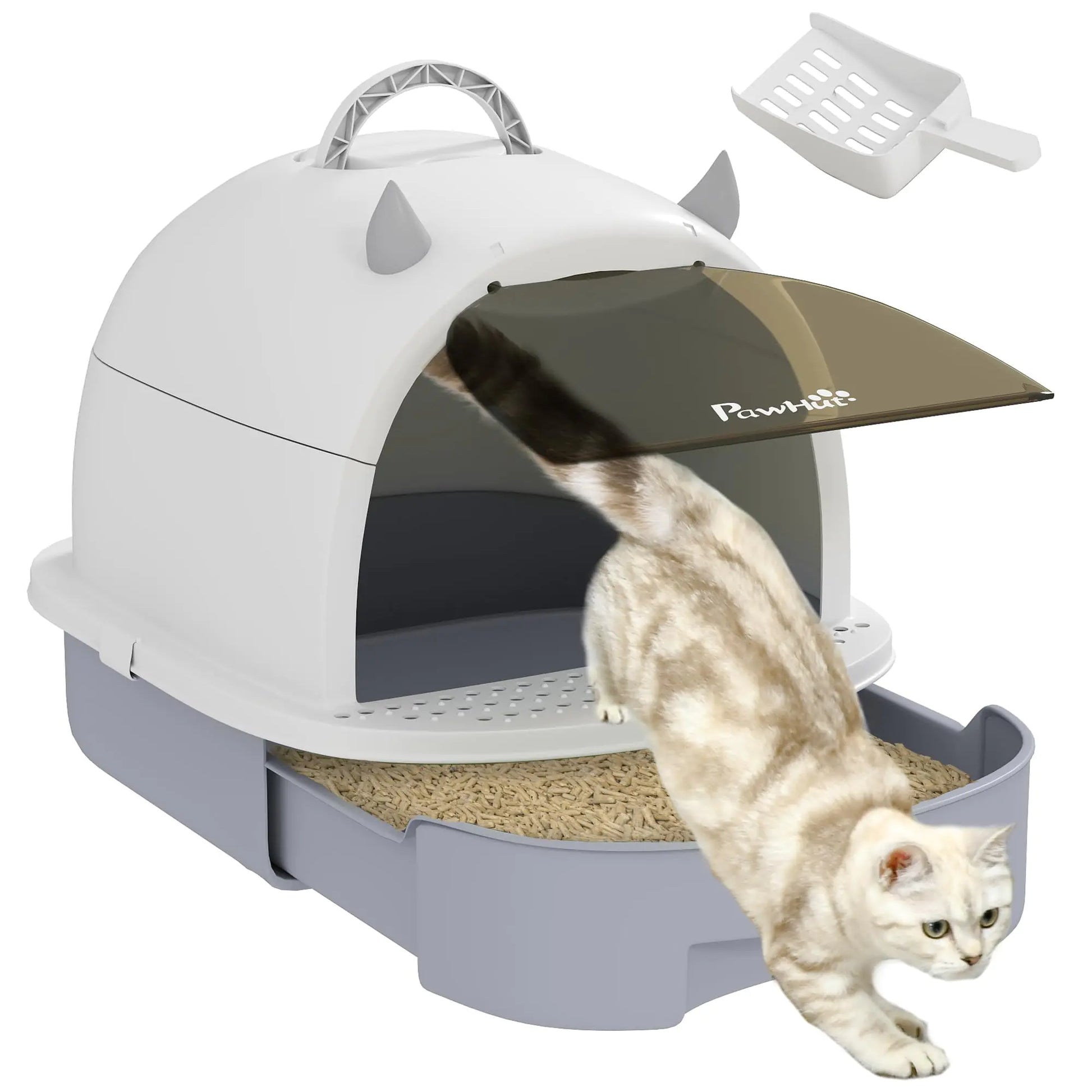 PawHut Cat Litter Box Covered Kitty Litter Box with Lid Scoop Deodorizing Bags for Odor Control Privacy Portable Easy to Clean Gray