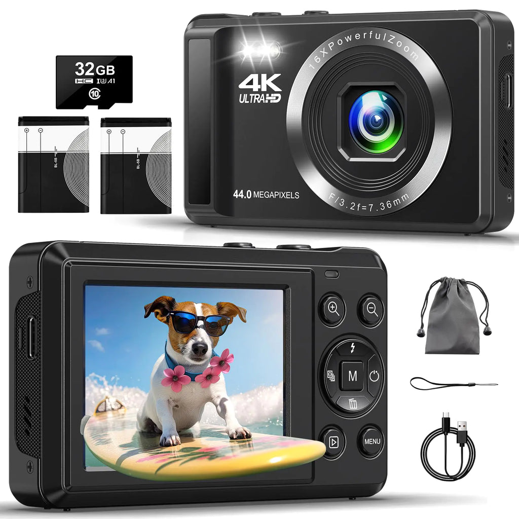 Digital Camera - 4K 44MP UHD Digital Cameras for Photography - Autofocus Point and Shoot Vlogging Camera with 16X Zoom 32GB SD Card 2 Batteries - Compact Small Camera for Kids Teens Boys Girls