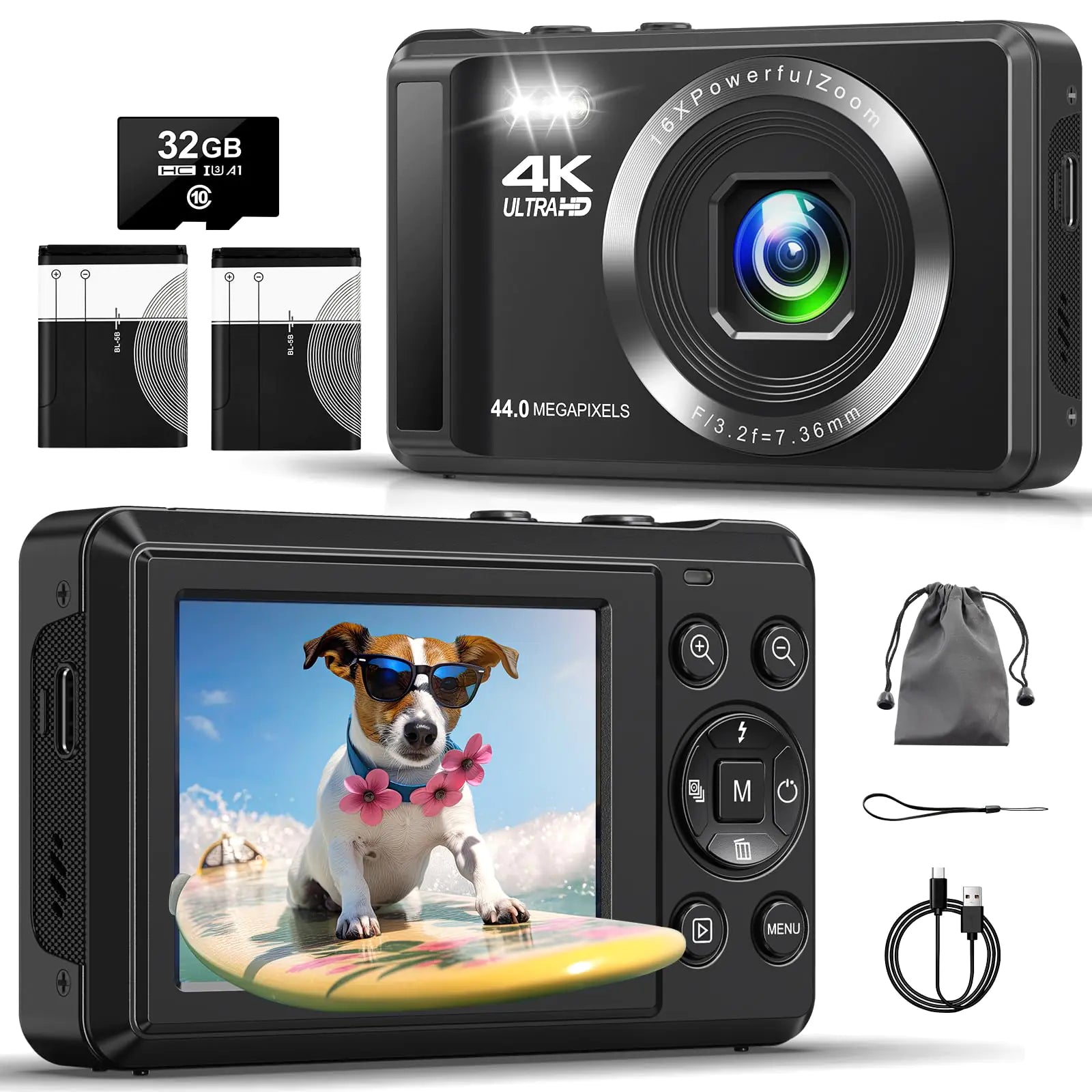 Digital Camera - 4K 44MP UHD Digital Cameras for Photography - Autofocus Point and Shoot Vlogging Camera with 16X Zoom 32GB SD Card 2 Batteries - Compact Small Camera for Kids Teens Boys Girls