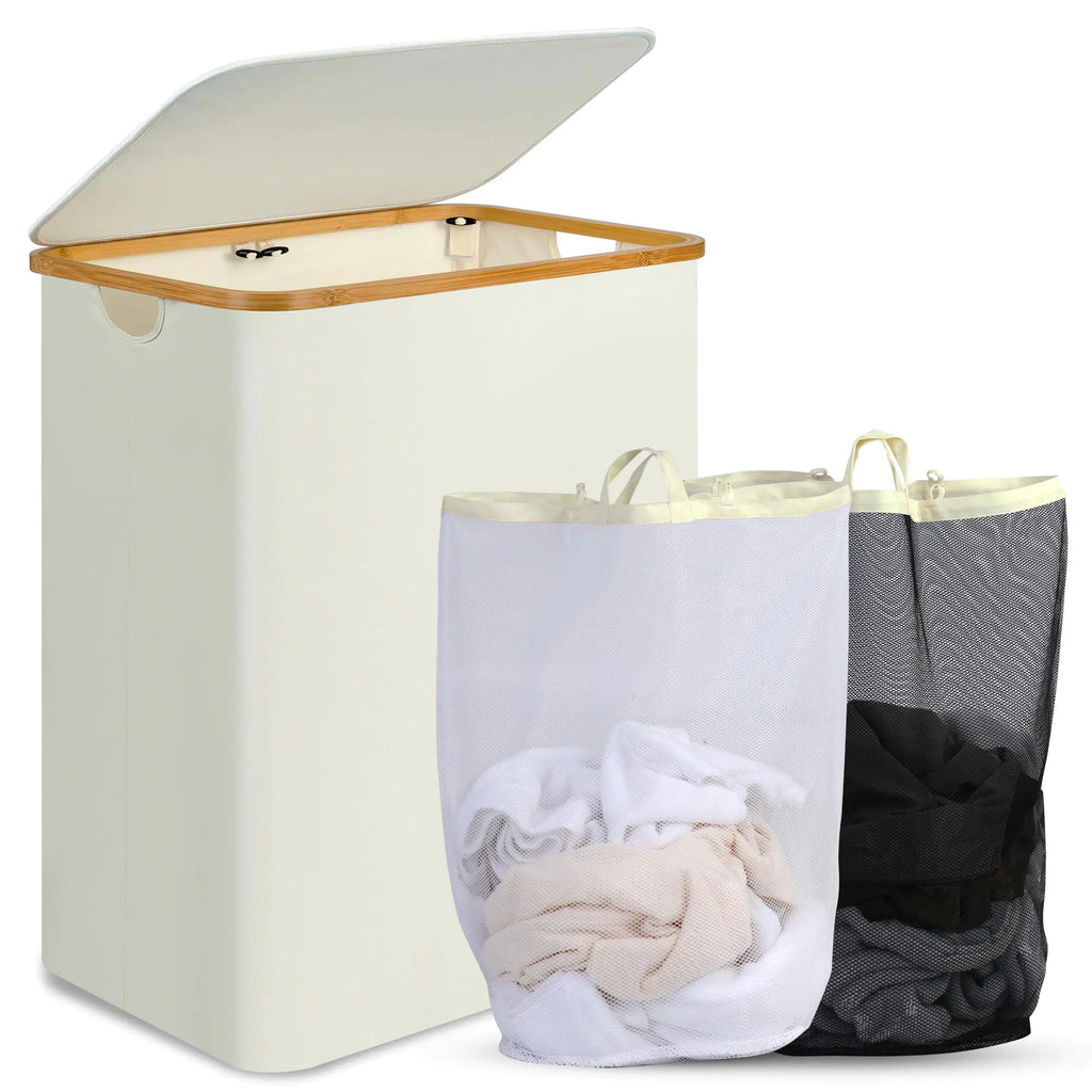 efluky Laundry Hamper with Lid 160L Tall Laundry Basket with Bamboo Handles for Clothes and Toys Collapsible Laundry Hamper with 2 Inner Bags for Bedroom and Bathroom Beige
