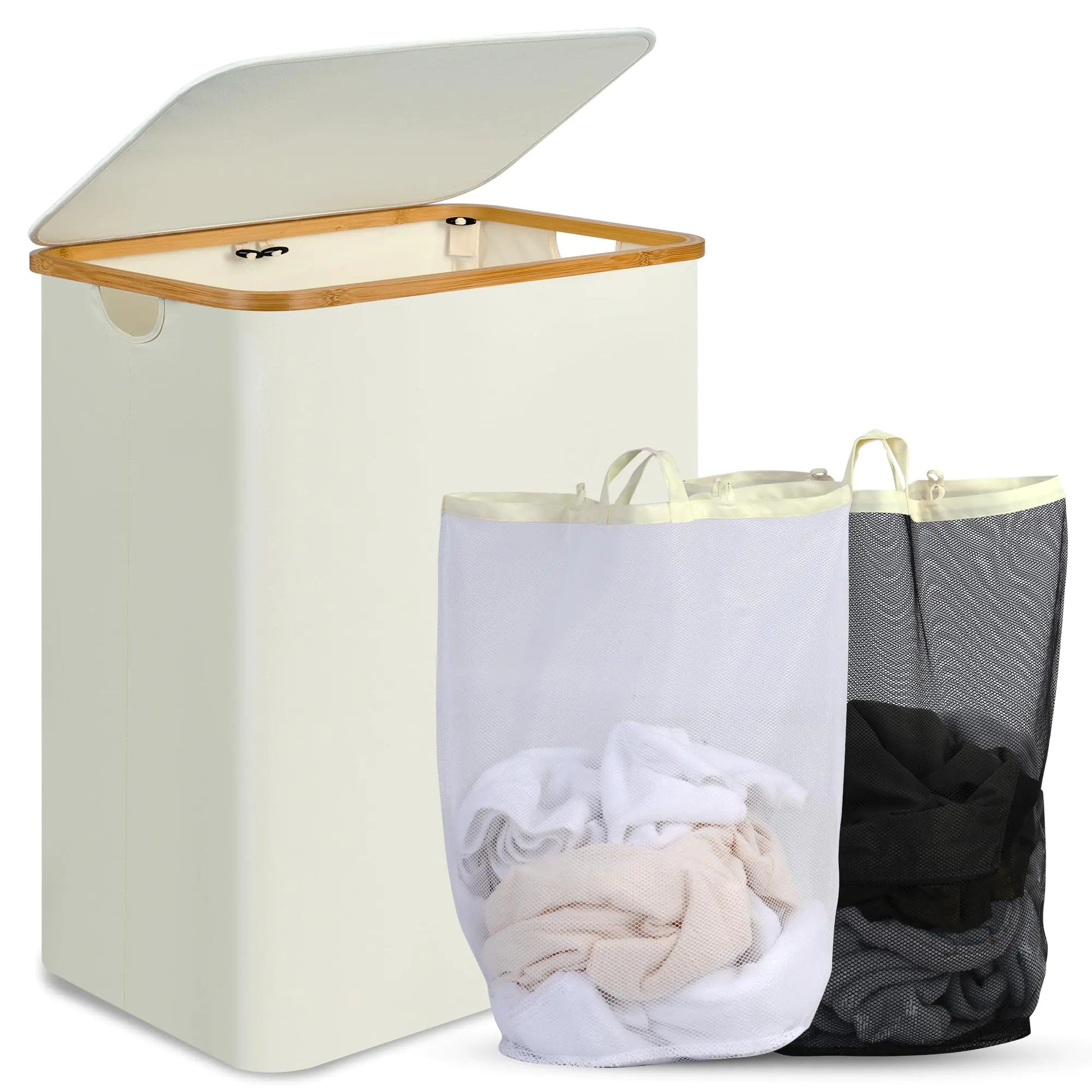 efluky Laundry Hamper with Lid 160L Tall Laundry Basket with Bamboo Handles for Clothes and Toys Collapsible Laundry Hamper with 2 Inner Bags for Bedroom and Bathroom Beige