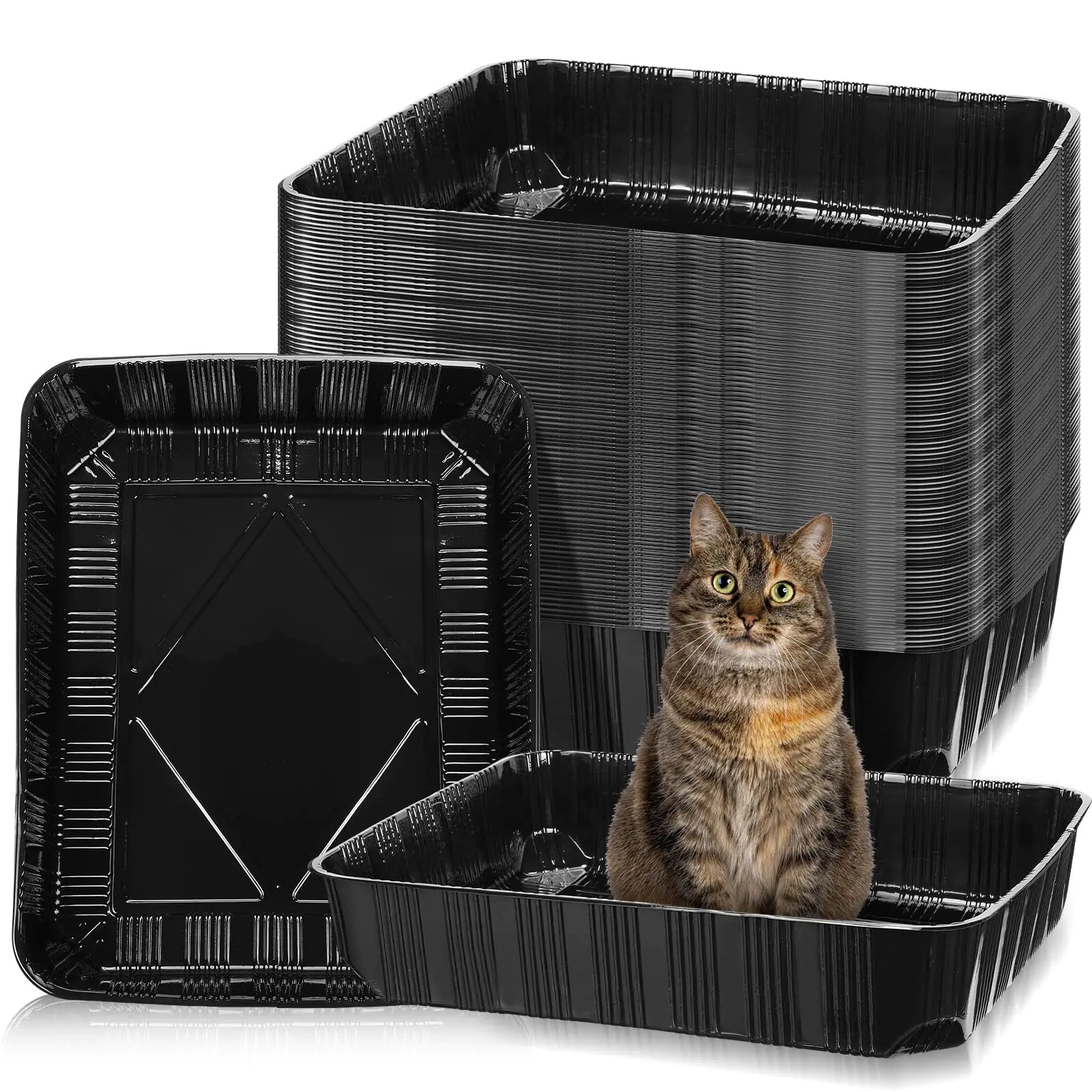 Zubebe 50 Pack Disposable Cat Litter Box for Cats Large Disposable Kitty Litter Tray Box 19.69 x 15.75 x 3.94 inches Plastic Litter Box Pan Standard for Indoor Home Travel Portable(Black)