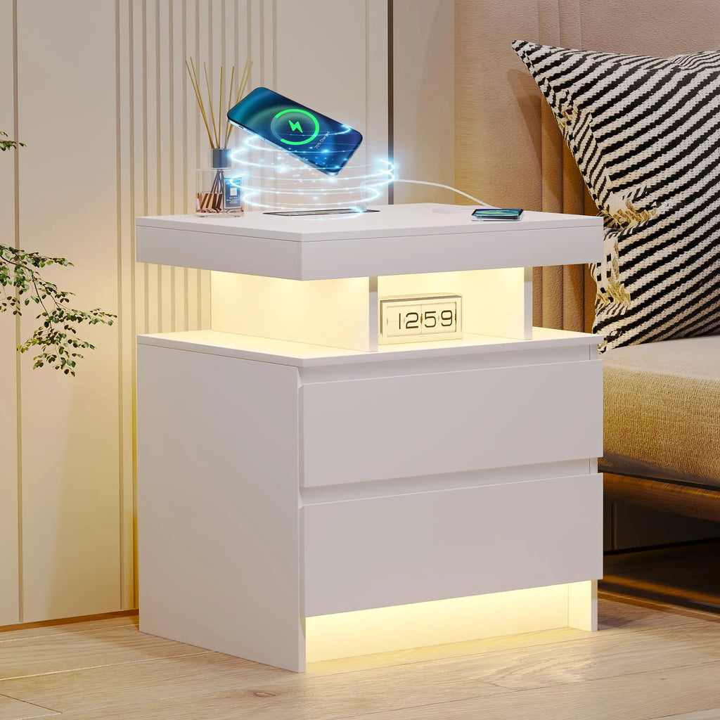 dnbss Nightstand with Charging Station Auto LED Lighting Bedside Tables with 2 Large Drawers Night Stand with 3-Color Lights & Adjustable Brightness for Bedroom (White)