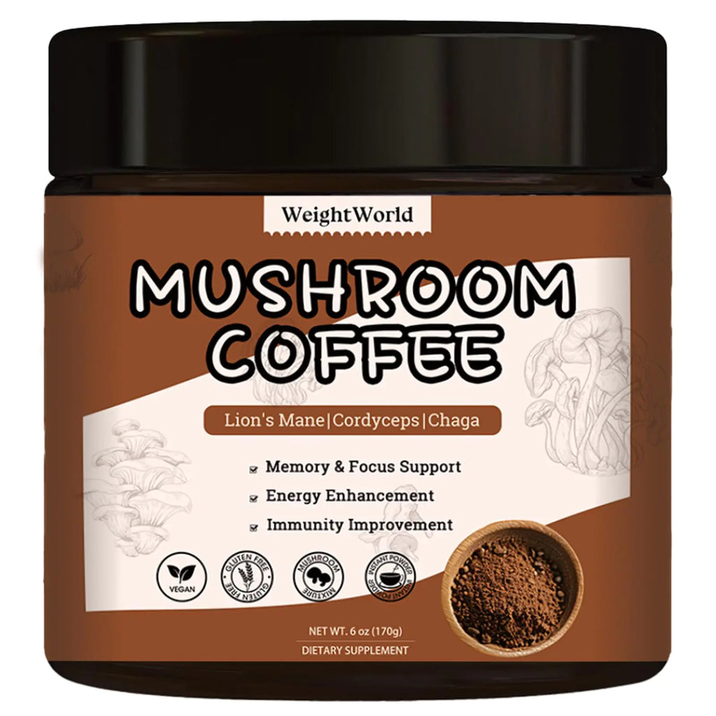 WeightWorld Mushroom Coffee Powder - Arabica Instant Powder with Lion’s Mane Reishi Chaga Turkey Tail and Cordyceps - Energy & Immune Support - 6 Oz