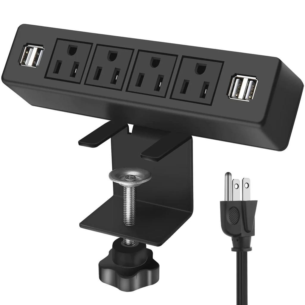 VILONG Desk Clamp Power Strip with USB Port 4 Outlet Desktop Mount Charging Power Stationon Desk Edge Power Outlet Office Accessories - 6.5Ft Extension Cord