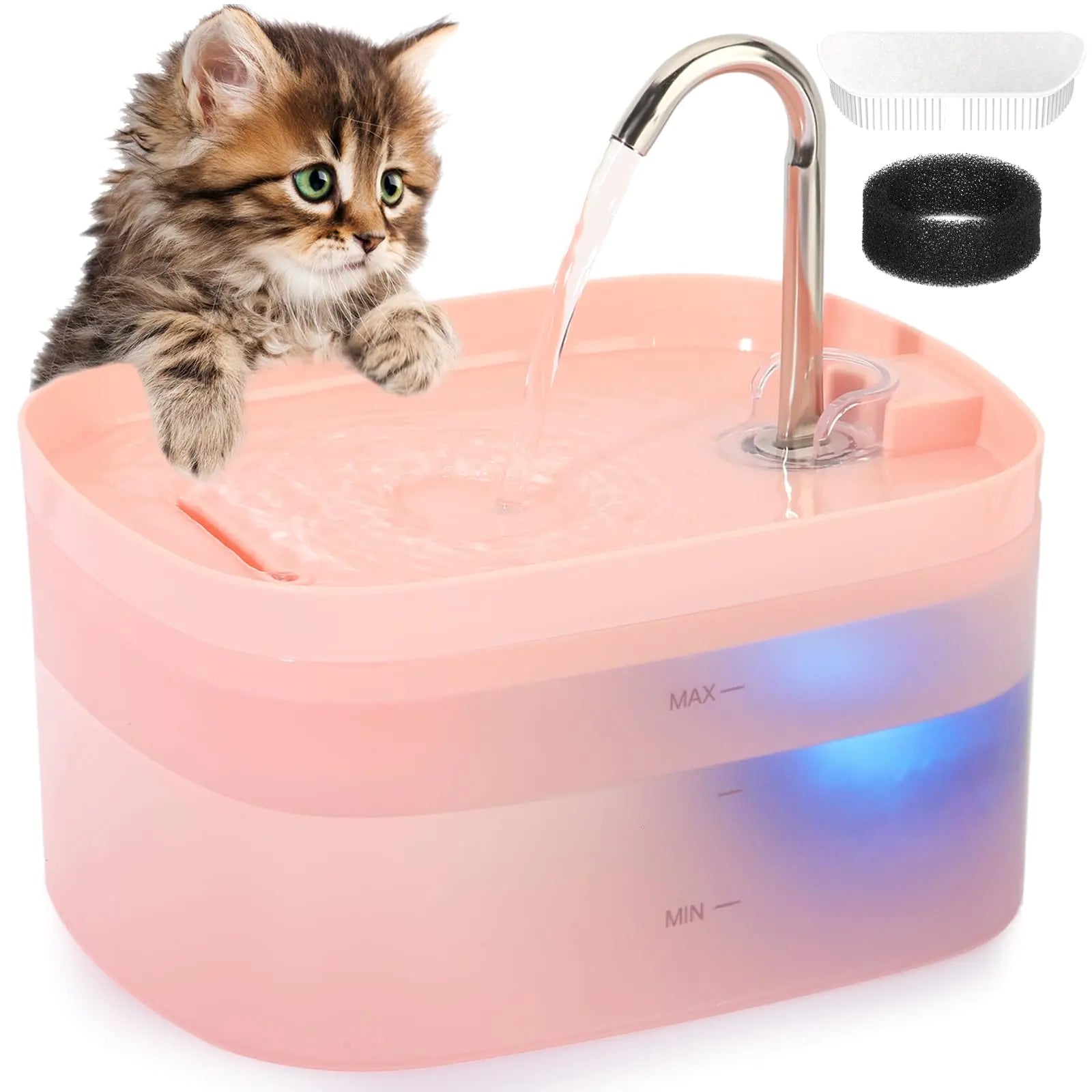 Cat Water Fountain 84OZ/2.5L Cat Fountain Super Silent Pet Water Fountain Activated Carbon Filter Translucent Pet Water Dispenser Suitable for Multiple Pets Family (Pink)