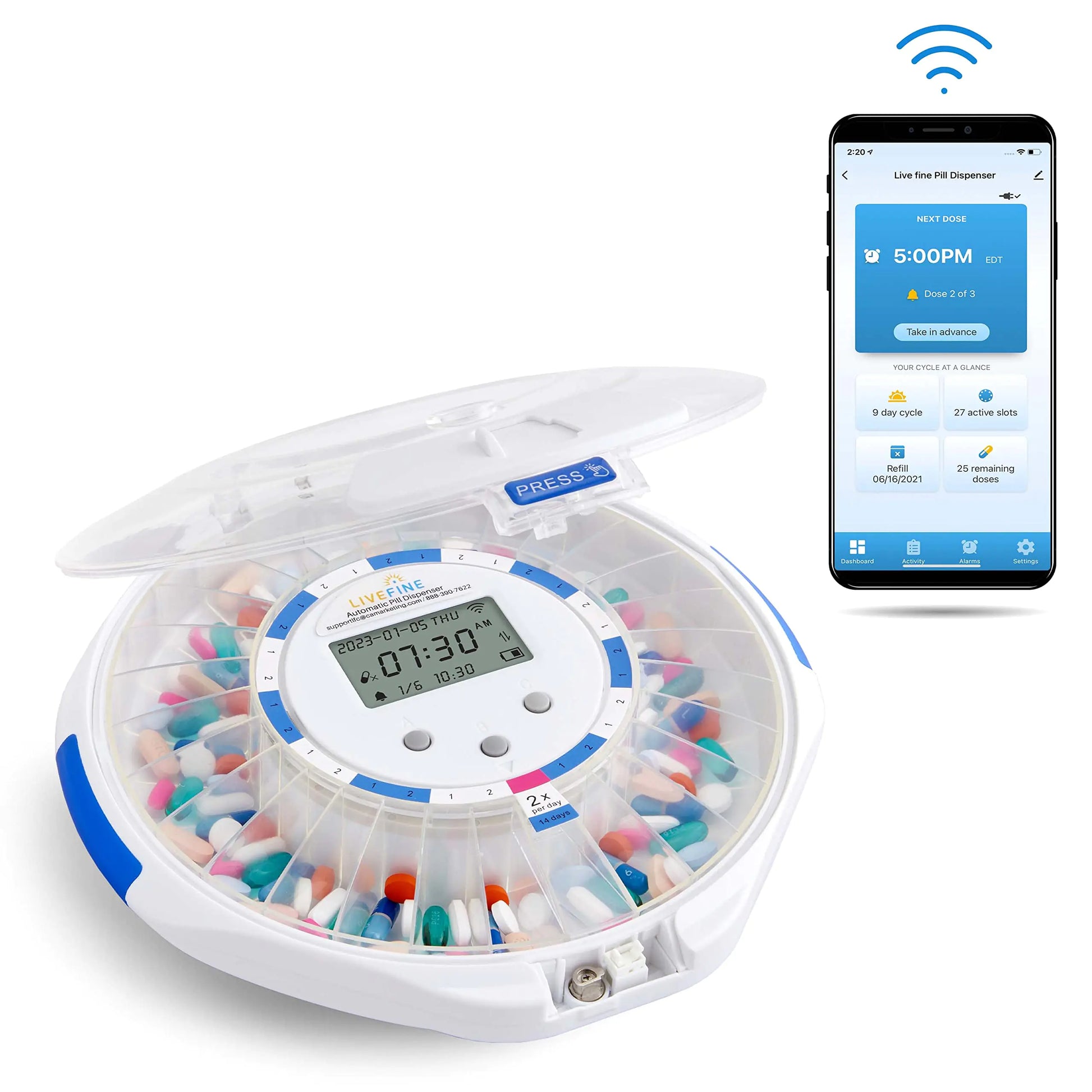 Live Fine Smart WiFi Automatic Pill Dispenser Clear Lid | 28-Day Medication Organizer Up to 9 Doses Per Day for Care Monitoring with Lock Key Light/Sound Alarms for Prescriptions & Vitamins