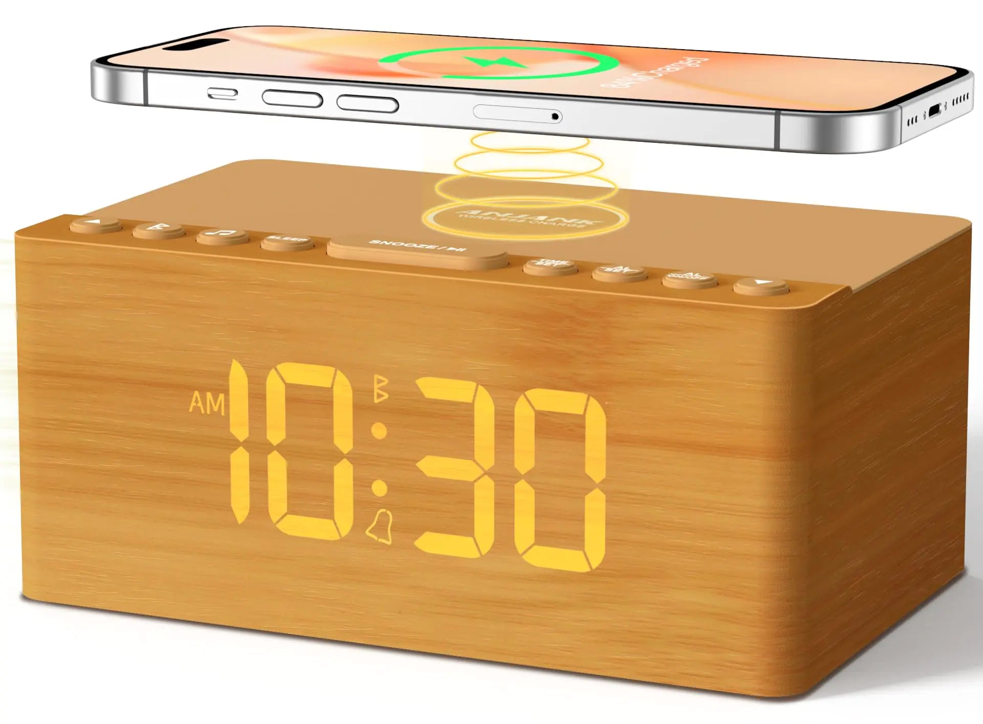 ANJANK Wooden White Noise Sound Machine with Alarm Clock Bluetooth Speaker Wireless Charger Station for iPhone/Samsung 0-100% Dimmer Sleep Timer 20 Sounds for Sleeping Adults Bedroom Nightstand