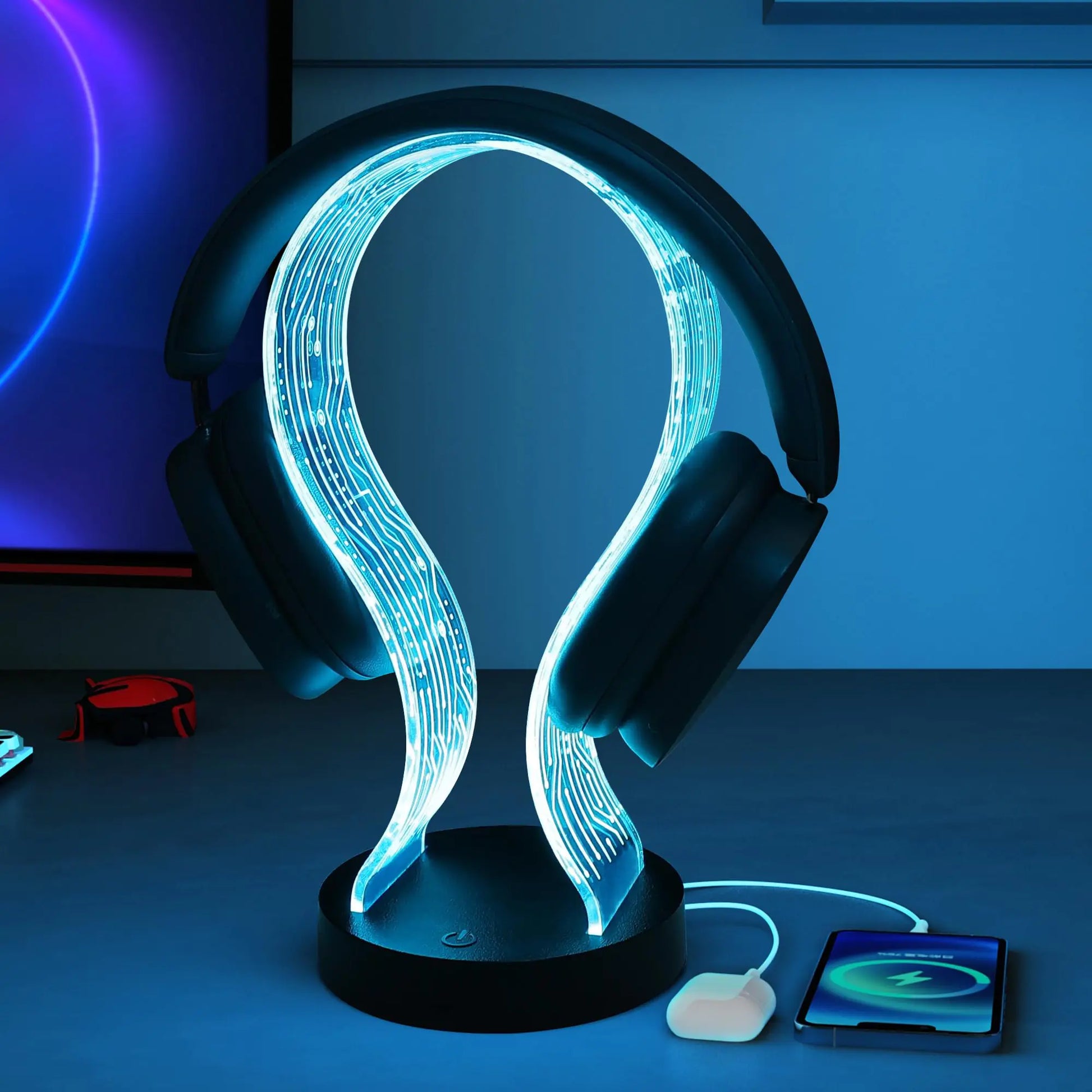 Ammonite Light Up Headphone Stand 16 Color Lights Gaming Desk Accessory with 1 USB Charging Port and 1 Type-C Charging Ports USB Power and PCB Pattern Gifts for Gamers Boyfriend Boy Man