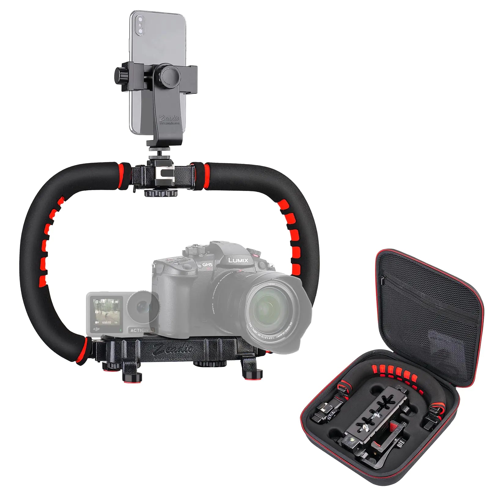 Zeadio Camera Handheld Stabilizer Versatile Handle Grip Handheld Smartphone Video Rig with Carrying Case Compatible with All Camera Camcorder Action Camera DSLR and All Smartphones