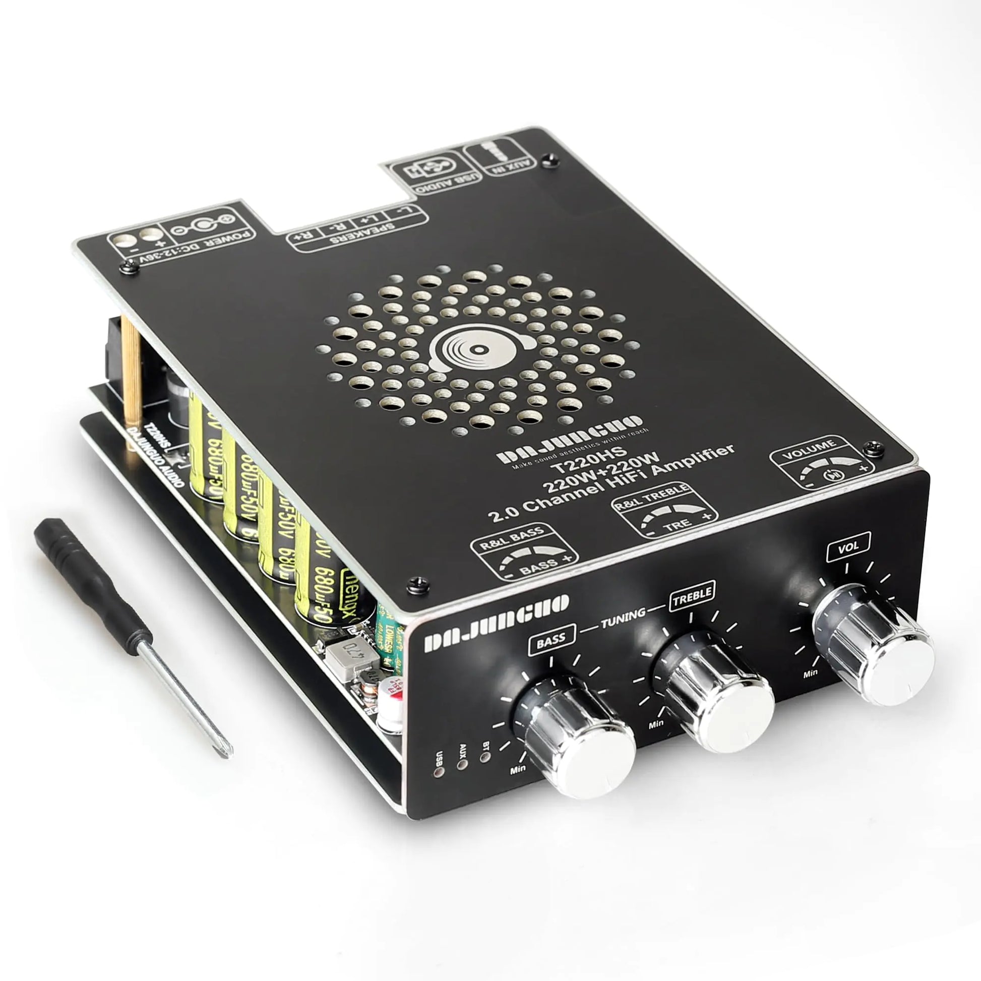 T220HS 220W+220W Bluetooth Amplifier Board with Treble and Bass Control 2.0 Channel Stereo AMP Board DC 12-36VBluetooth/AUX/USB Input