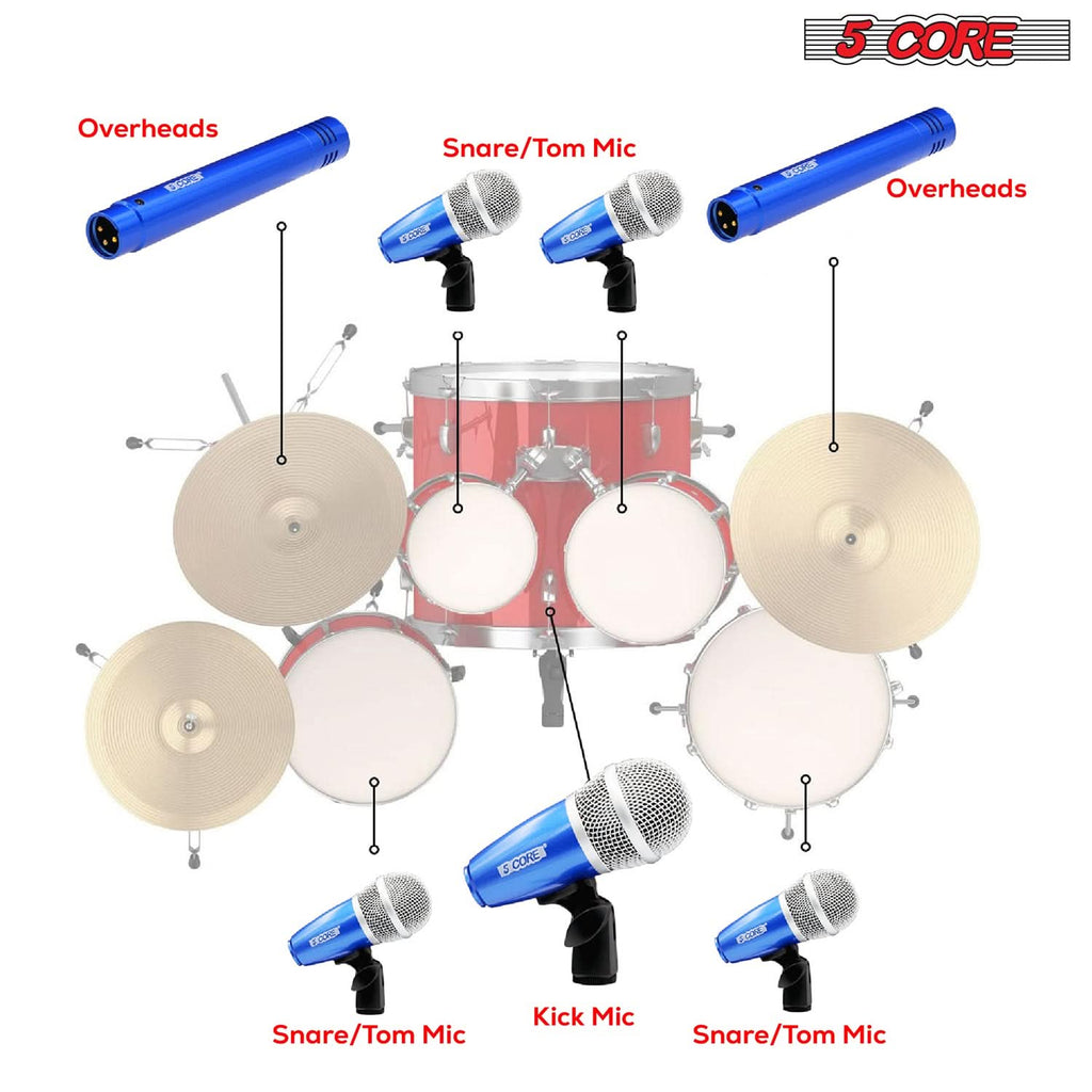 5Core Drum Mic Kit 7 Pcs Kick BassTom Snare Dynamic Mics Instrument