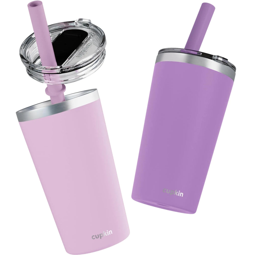 CUPKIN Toddler Tumblers - The Original 12 oz Stackable Stainless Steel Cups - Set of 2 Powder Coated Insulated Kids Water Bottle Alternative + BPA Free Lids + Reusable Silicone Straws (Pink + Purple)