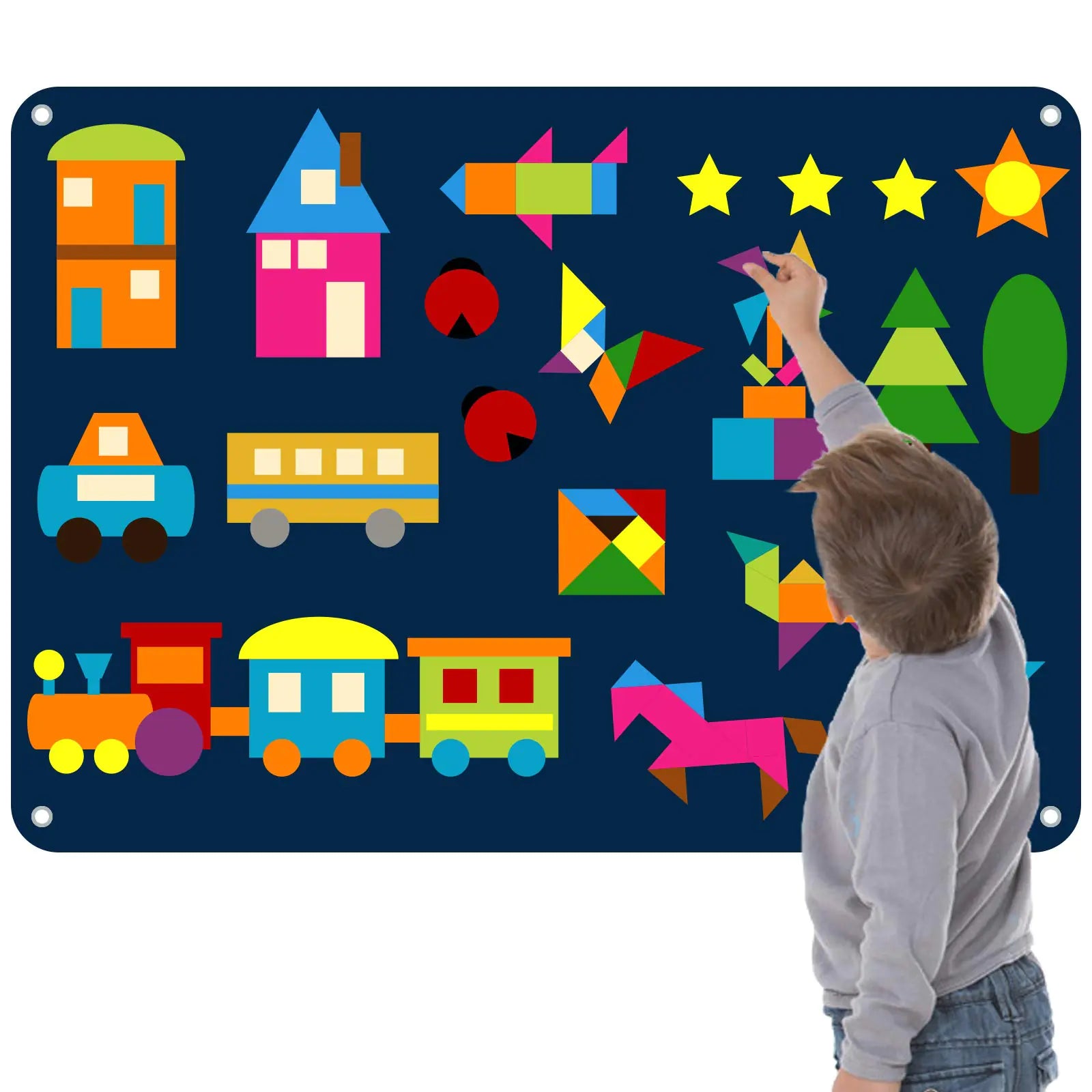 Craftstory 144 Pcs Shapes Felt-Board for Toddlers Preschool Classroom Must Haves Learning Activities Tangram Toys Teacher Aide 3.5 Ft Large Wall Hang Sensory Activities Kit