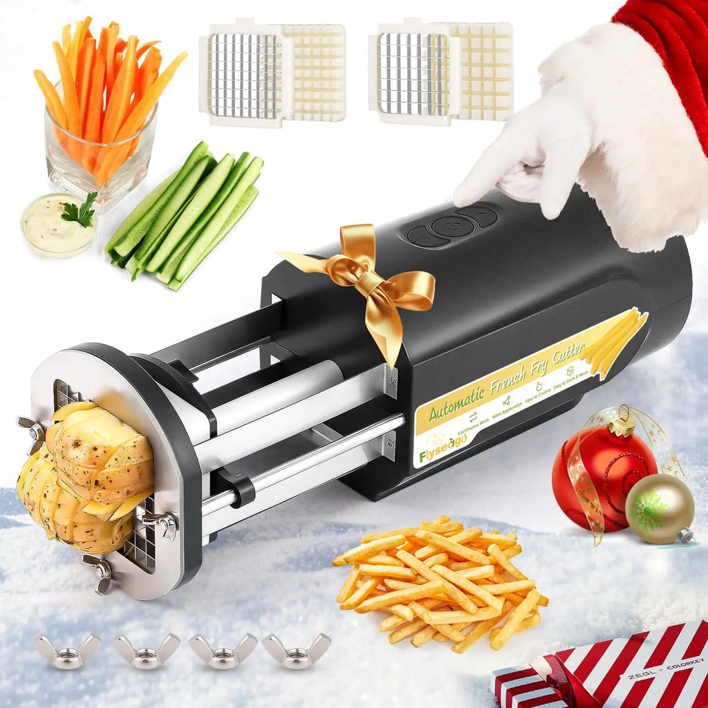 Flyseago Electric French Fry Cutter Automatic Potato Cutter Machine Commercial French Fry Maker Cutter Household with 1/2 & 3/8 Inch Stainless Steel Blades&Tray for Cucumbers Carrots (Black)