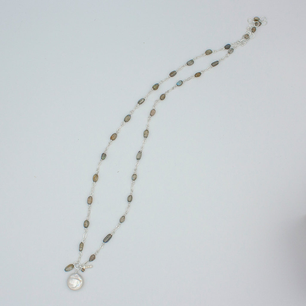 Pearl Pendant with Charm Labradorite Chain Necklace