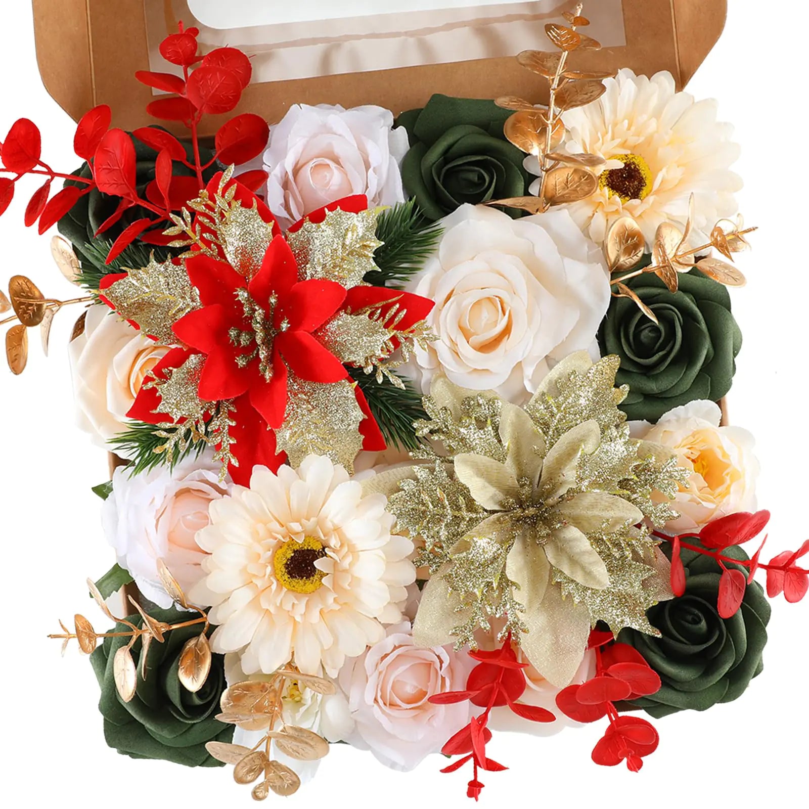 Senseya Artificial Christmas Flowers Poinsettia Combo Set Mix Silk Flowers Fake Roses with Stems for DIY Tree Ornaments Xmas Wreath Floral Arrangements Centerpieces Home Christmas Decorations