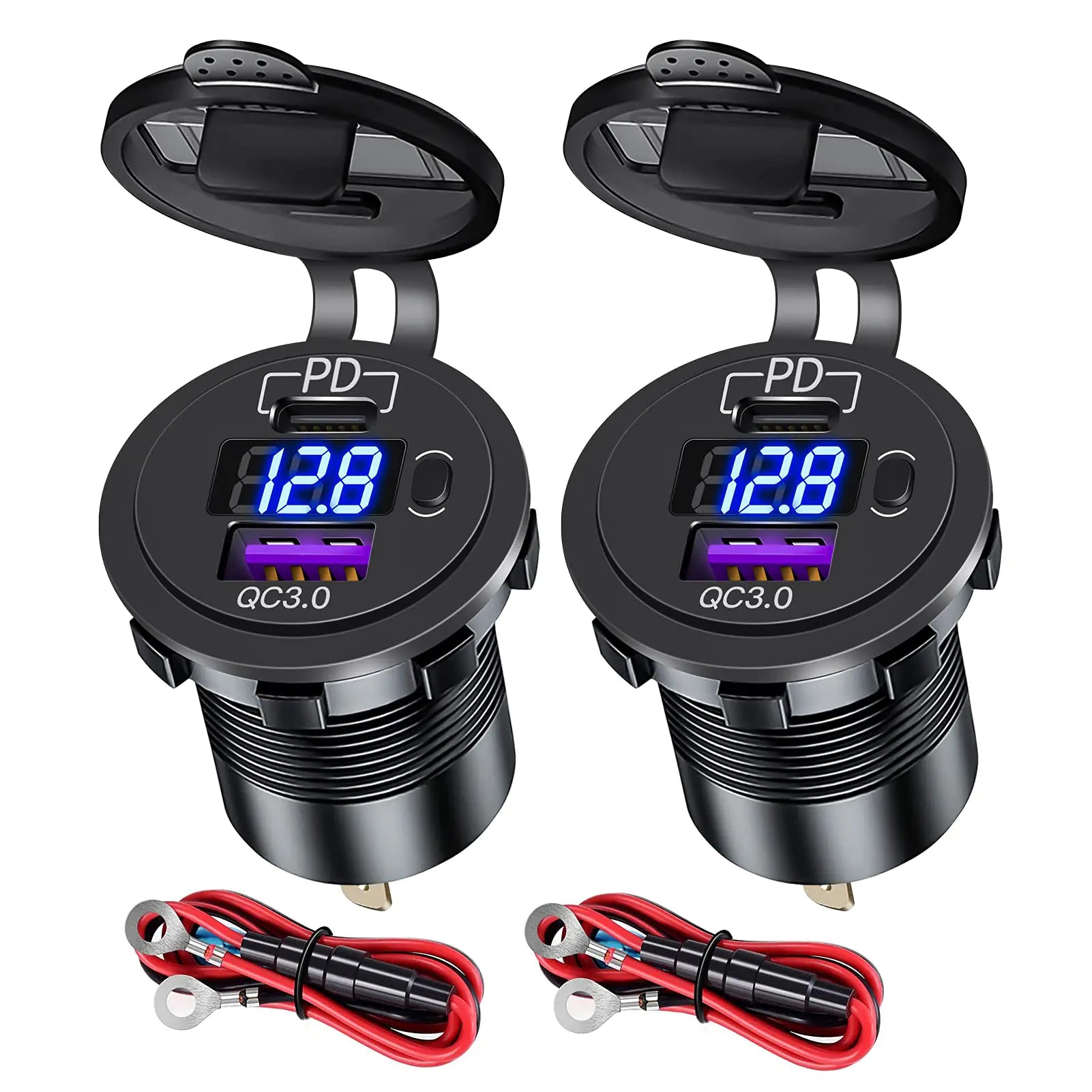 [2 Pack] 12V USB C Car Charger Socket Dual 12V USB Outlet PD3.0 & QC3.0 Car Socket with Digital Voltmeter and ON/Off Switch Waterproof Car Outlet for Boat Marine Truck Golf Cart Bus RV