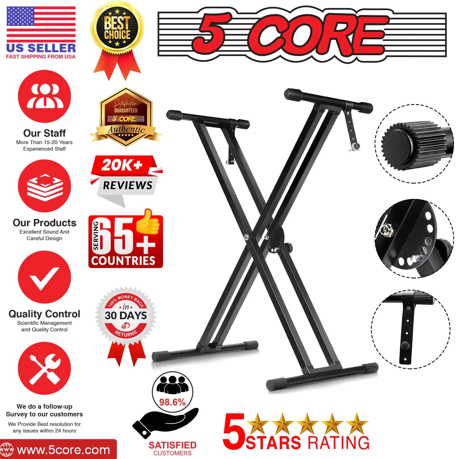 5Core Keyboard Stand Double X Style Adjustable Lift Piano Riser For 49 To 88 Keys BLACK