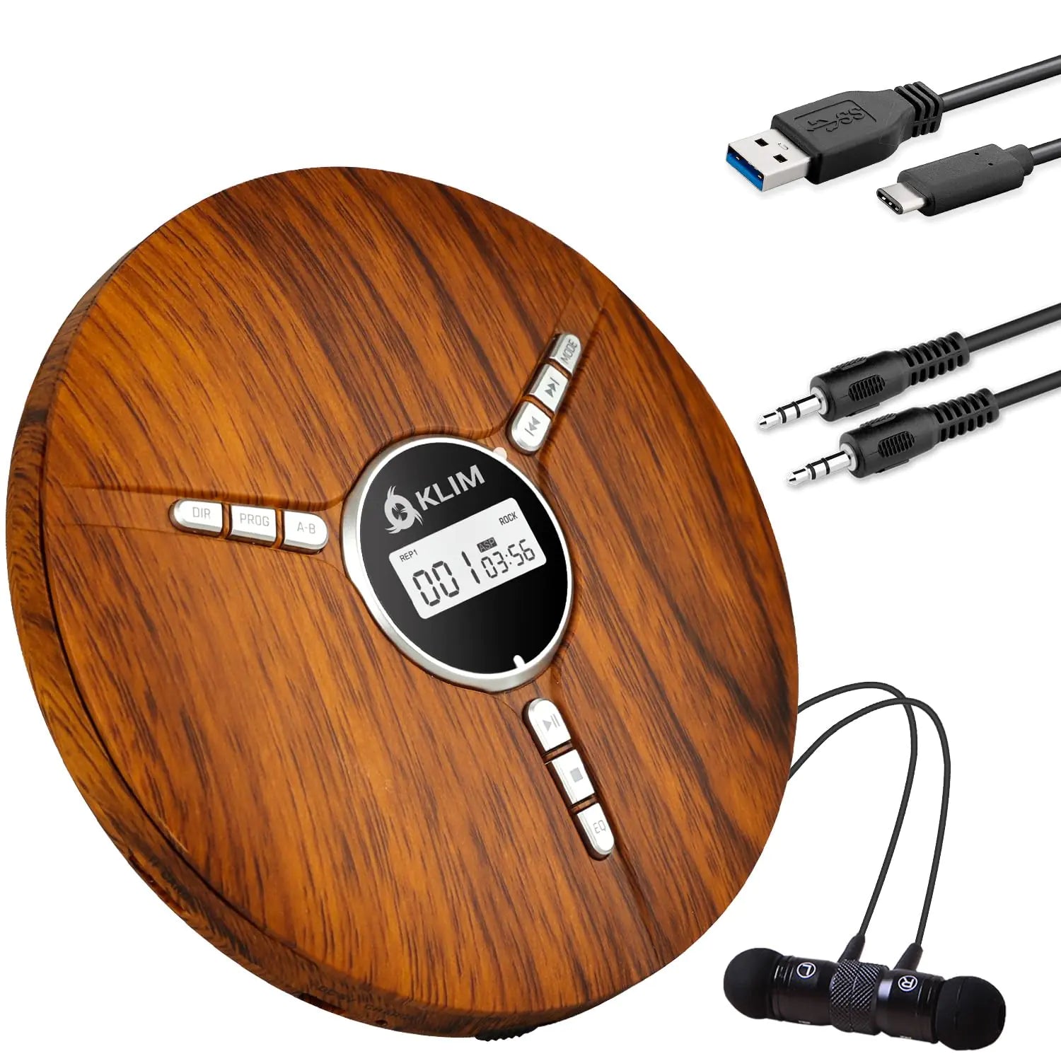 KLIM Discman Portable CD Player with a Built-in Battery - New 2024 - Ideal Car CD Player with Earphones - Compatible CD-R CD-RW MP3 Compact Mini CD Players Personal CD Walkman - Wood