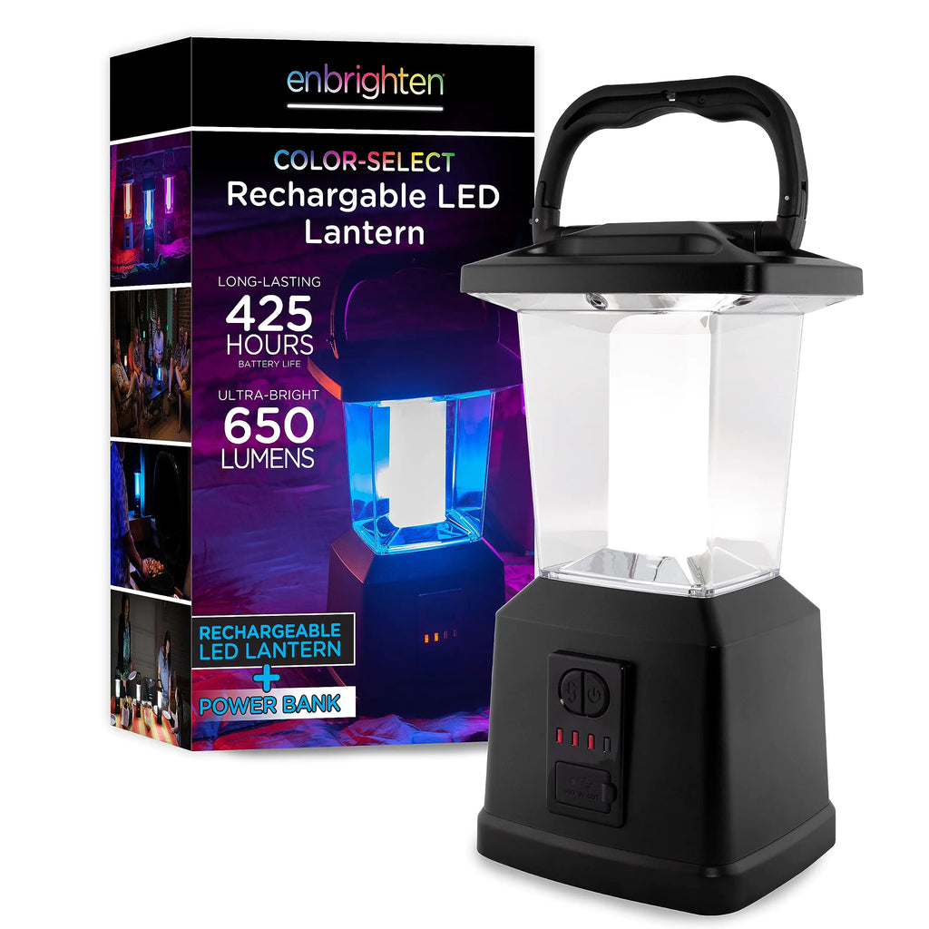 Enbrighten Dual Power Color Changing LED Rechargeable Lantern USB Power Bank 4400mAh 650 Lumens Dimmable 425 Hours Ideal for Camping Outdoor Emergency Weather Storms Black 45083