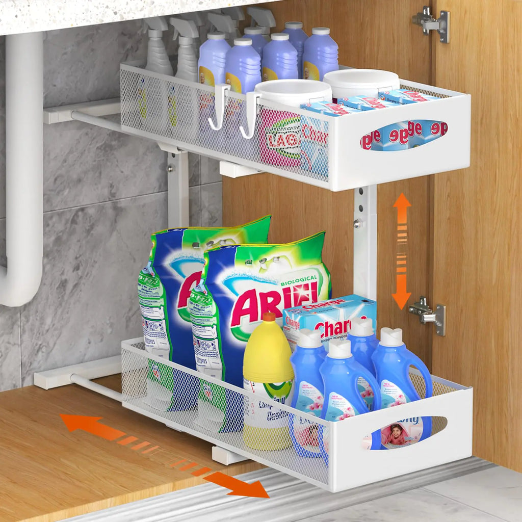 Housolution Under Sink Organizer 2 Tier Metal Pull Out Under Sink Storage with Sliding Mesh Drawers Height Adjustable Slide Out Under Sink Organizer Shelf for Kitchen Bathroom Cabinet White