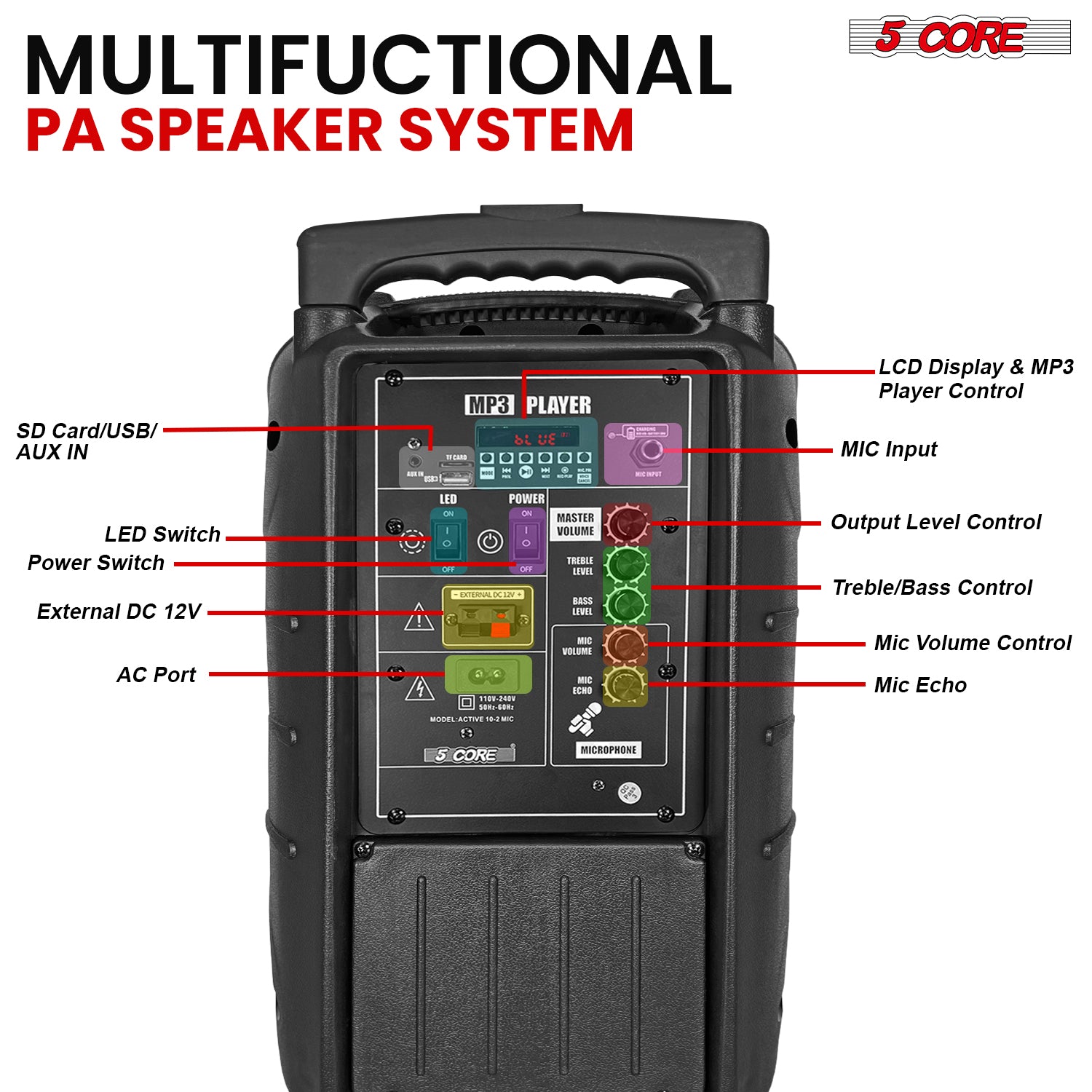 5Core 10 inch PA Portable Bluetooth Party Speaker Karaoke Boombox + 2