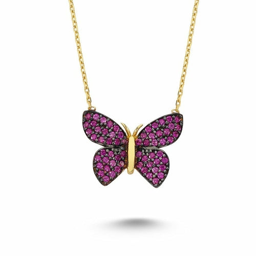 Pink Butterfly Silver Necklace With Pendant