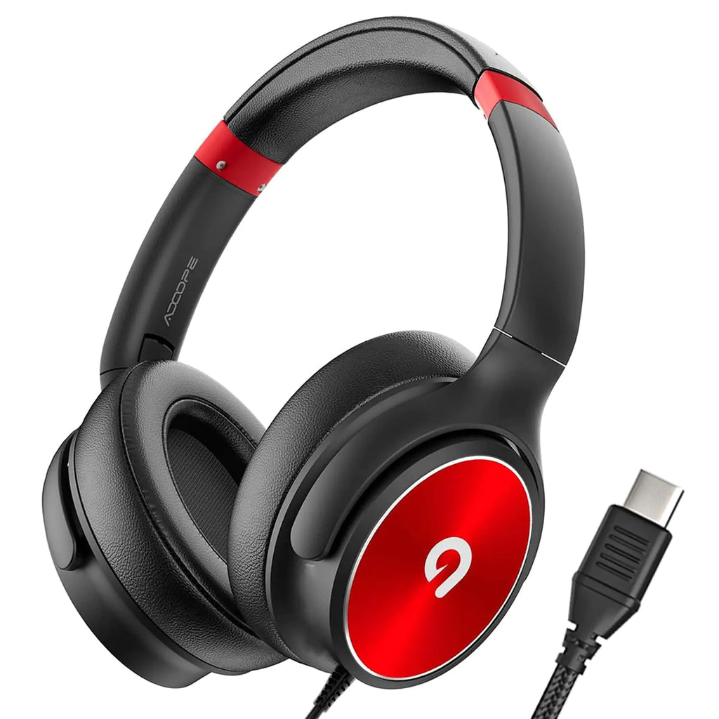 ADOOPE USB C Kids Headphones with Mic Foldable Children’s Headphones 93dB Volume Limited Comfortable Ear Pads for Tablets Phones Laptops - Black & Red Ages 3+