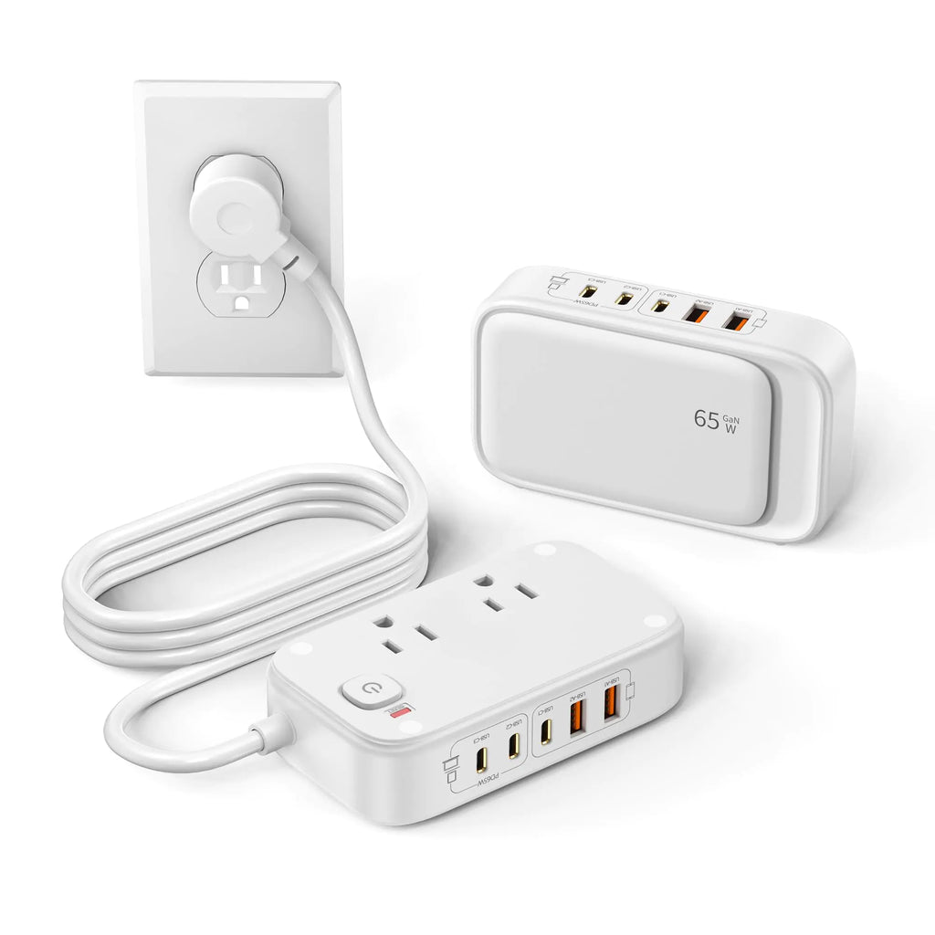 KWRNVO Power Strip with USB Ports 65W USB C Charger for Laptop 5FT Flat Extension Cord Outlet Extender with 2 AC Outlets 3 USB C Ports 2 USB A Ports Surge Protector Desktop USB Charging Station