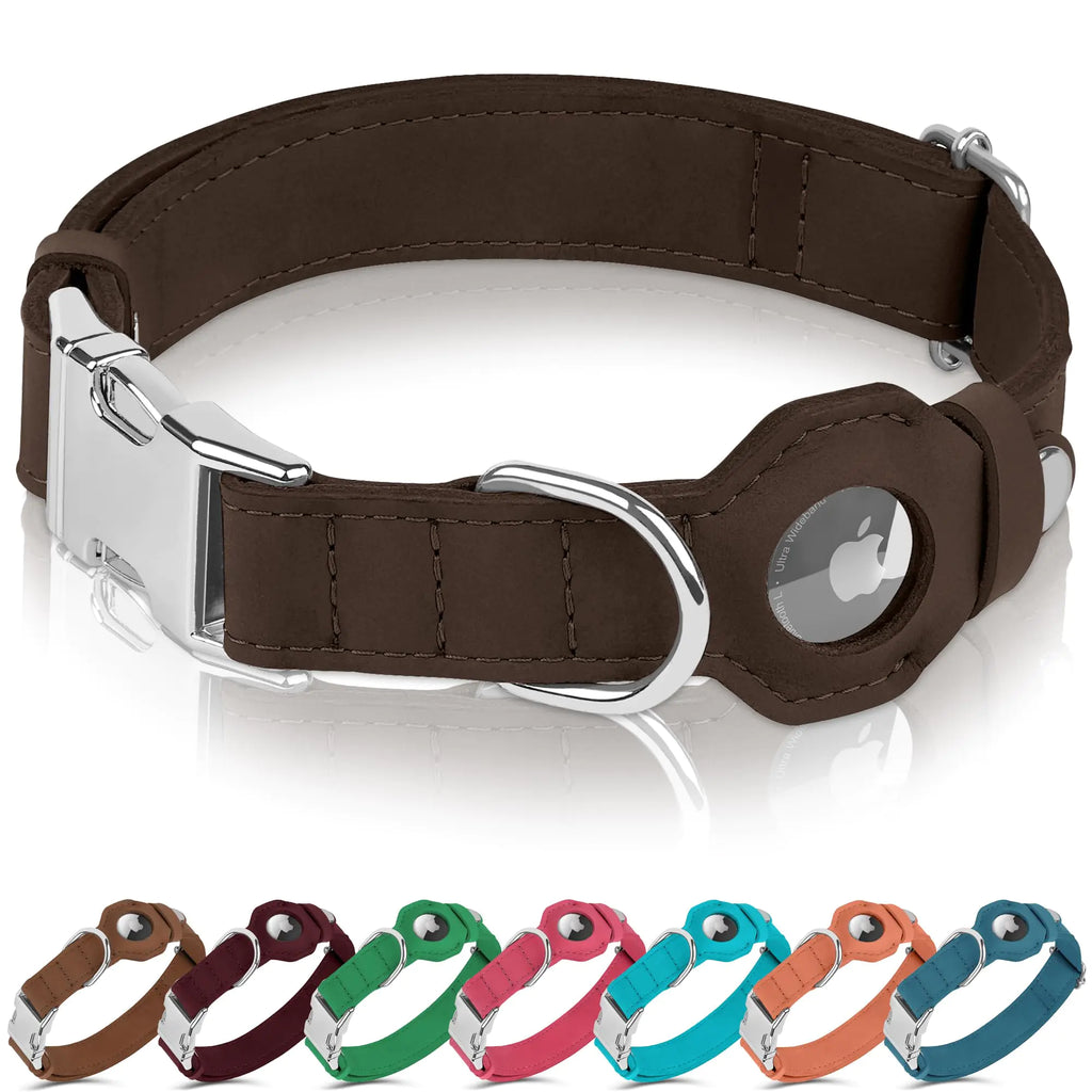 BUDKAS Leather Dog Collar with Airtag Holder - Soft Adjustable Airtag Dog Collar with Metal Buckle - GPS Tracking Pet Collar for Small Large Dogs Puppies Cats (Brown XS 9"-12" Neck Fit)