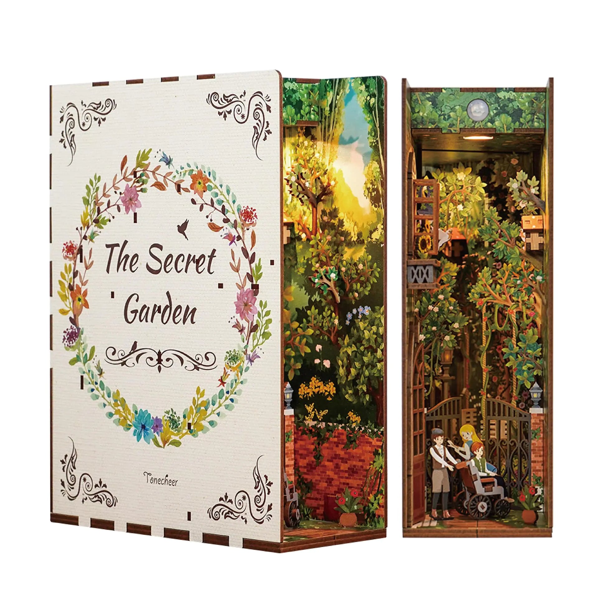 Tonecheer DIY Book Nook Kit for Adults3D Wooden Puzzle Bookend Bookshelf Insert Library Decor Booknook Miniature House Kit with Body Motion Sensor LED Light (The Secret Garden)