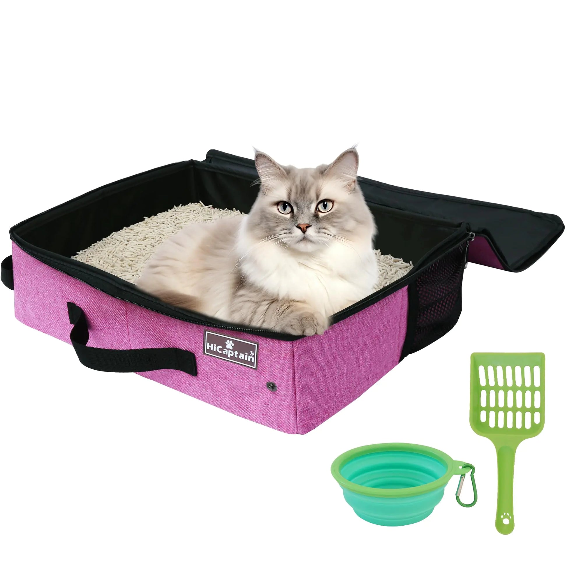 HiCaptain Portable Cat Travel Litter Box with Lid Collapsible Travel Litter Box for Medium and Large Cats Leak Proof Foldable Standard Litter Carrier Box for Traveling - Pink