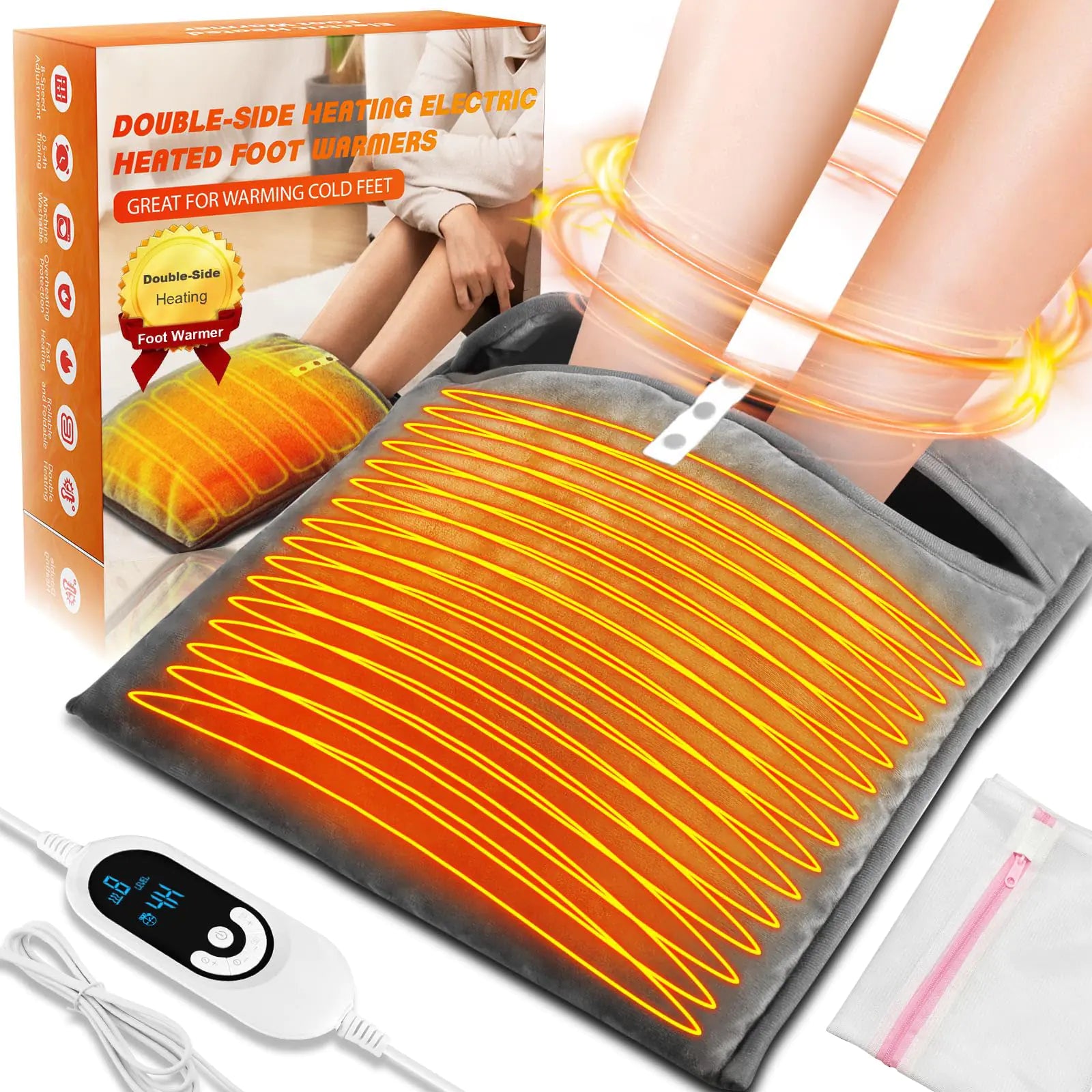Electric Heated Foot Warmer Double-Side Heating Foot Warmer Under Desk Feet Heating Pad with 8 Temp Modes & 6 Timers Machine Washable Pain Relief Electric Foot Warmer for Bed Home Office Xmas Gift