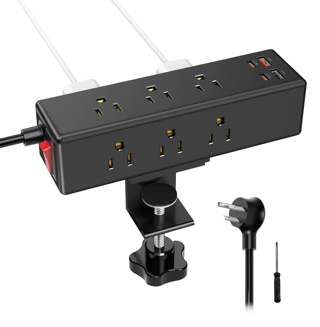 Desk Clamp Power Strip with USB C QBA PD 65W Fast Charging Power Station Removable Clamp Mount Power Strip Surge Protector 9 AC Outlets 4 USB Ports 6FT Cord for Home Office Black