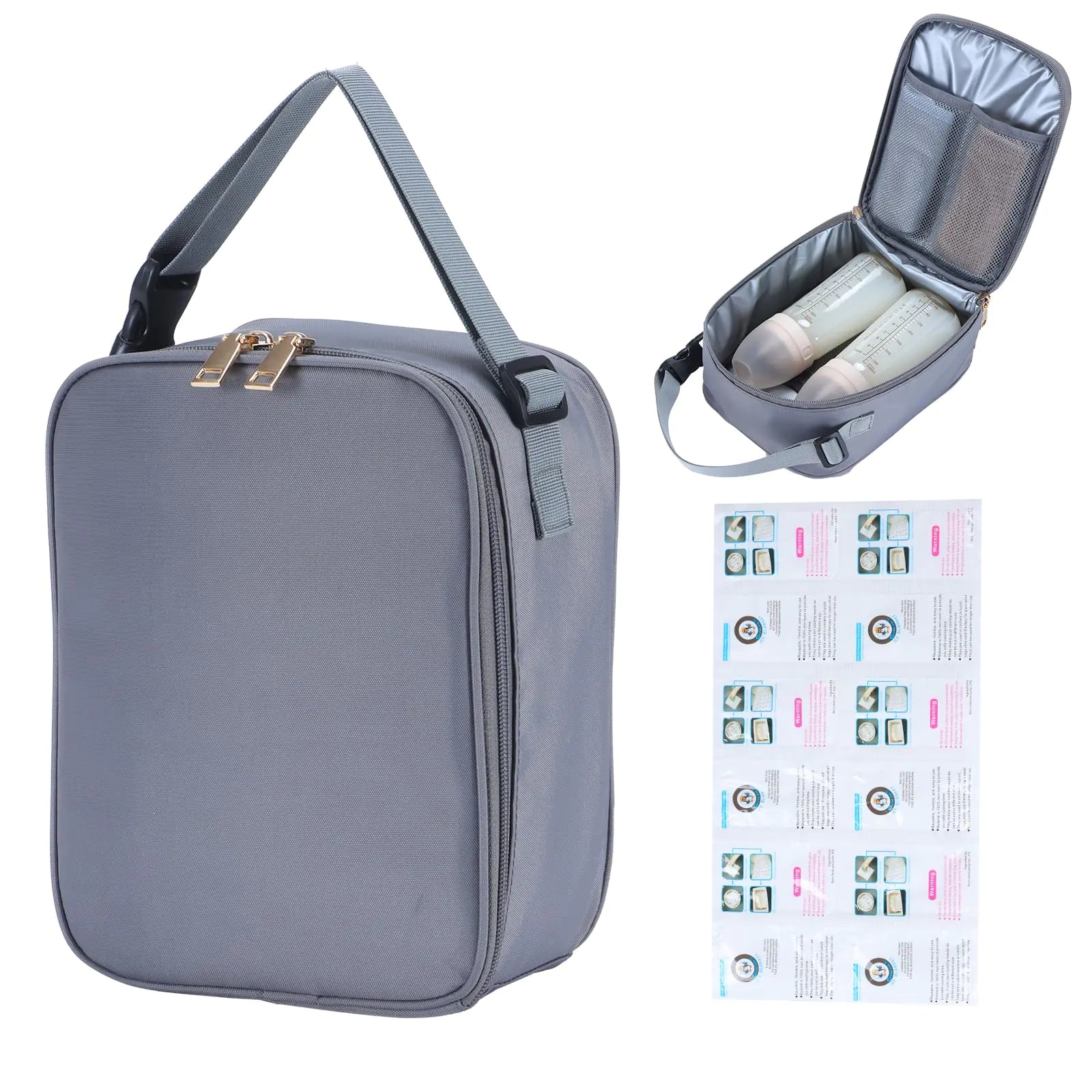 AURAUS Breast Milk Cooler Bag with Ice Packs Fits 2 Baby Bottles Up to 9 Ounce Suitable for Nursing Mom Daycare (Grey)