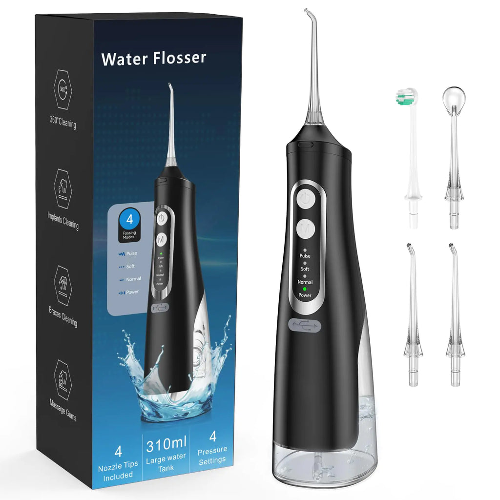 Water Flosser for Teeth Cleaning 4 Modes Rechargeable Oral Irrigator 4 Tips Powerful (Black)