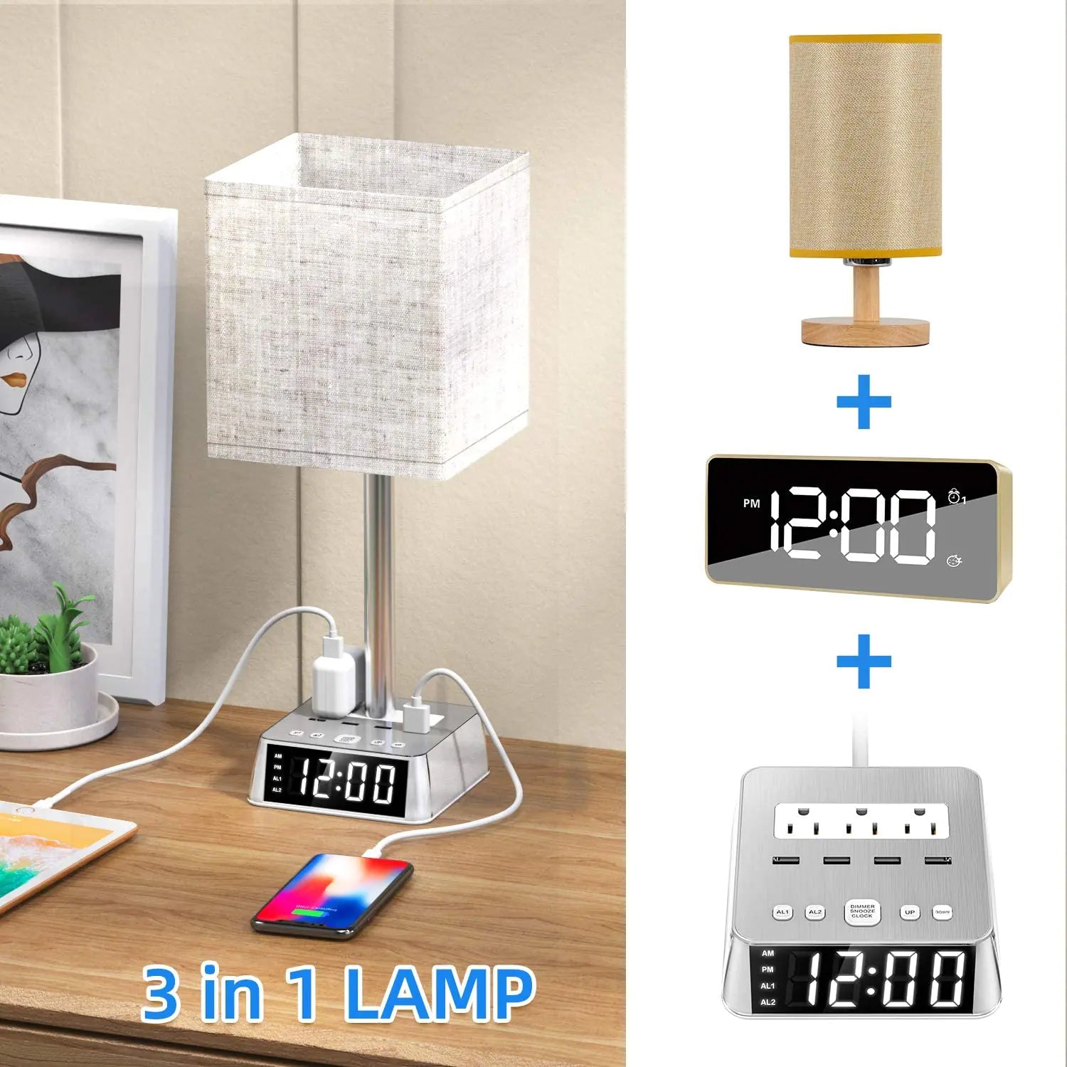 Table Lamp, 4 USB Ports &amp; AC Power Outlets, Alarm Clock